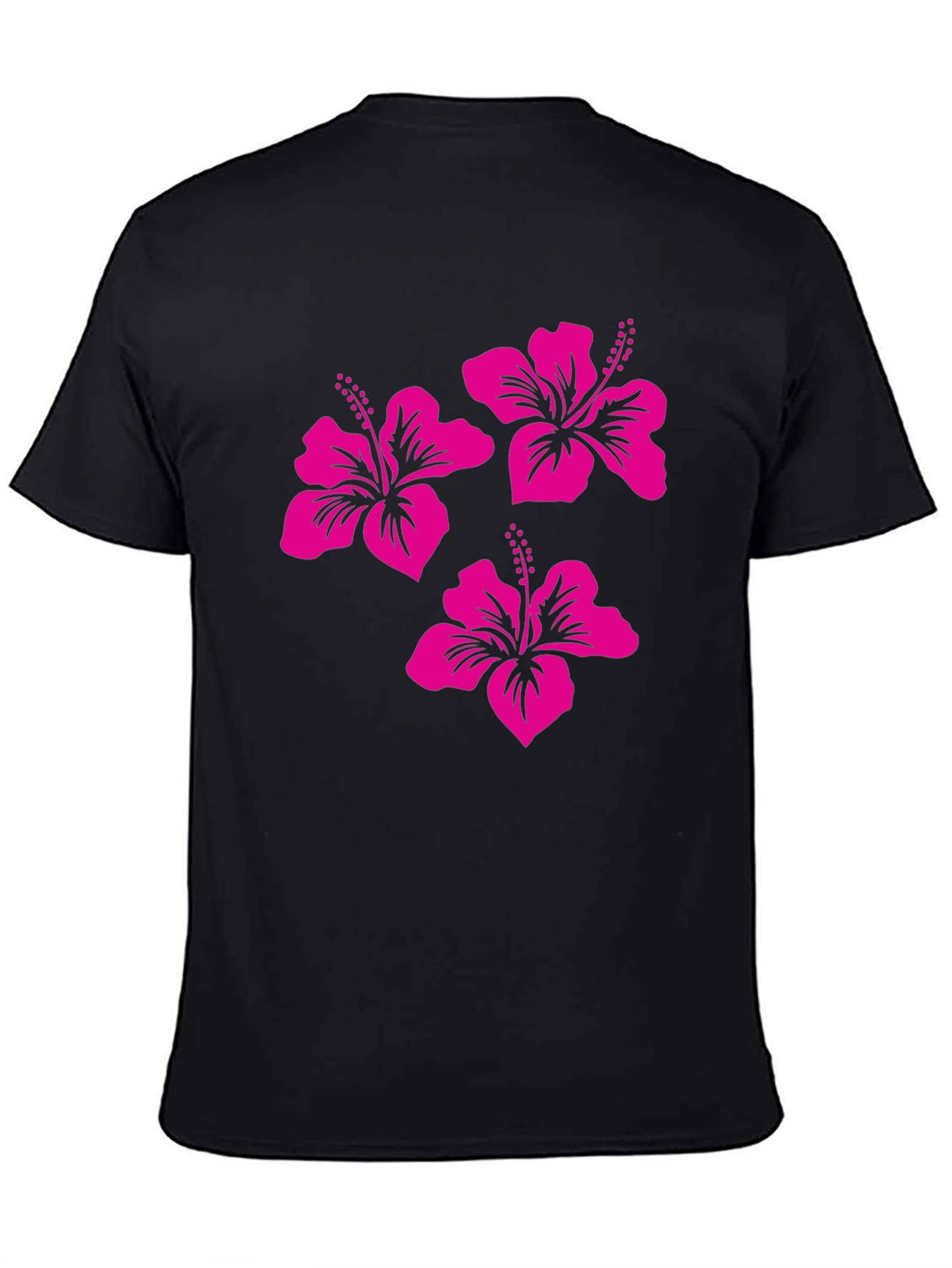 Black Tee with Pink Hibiscus Flower Design