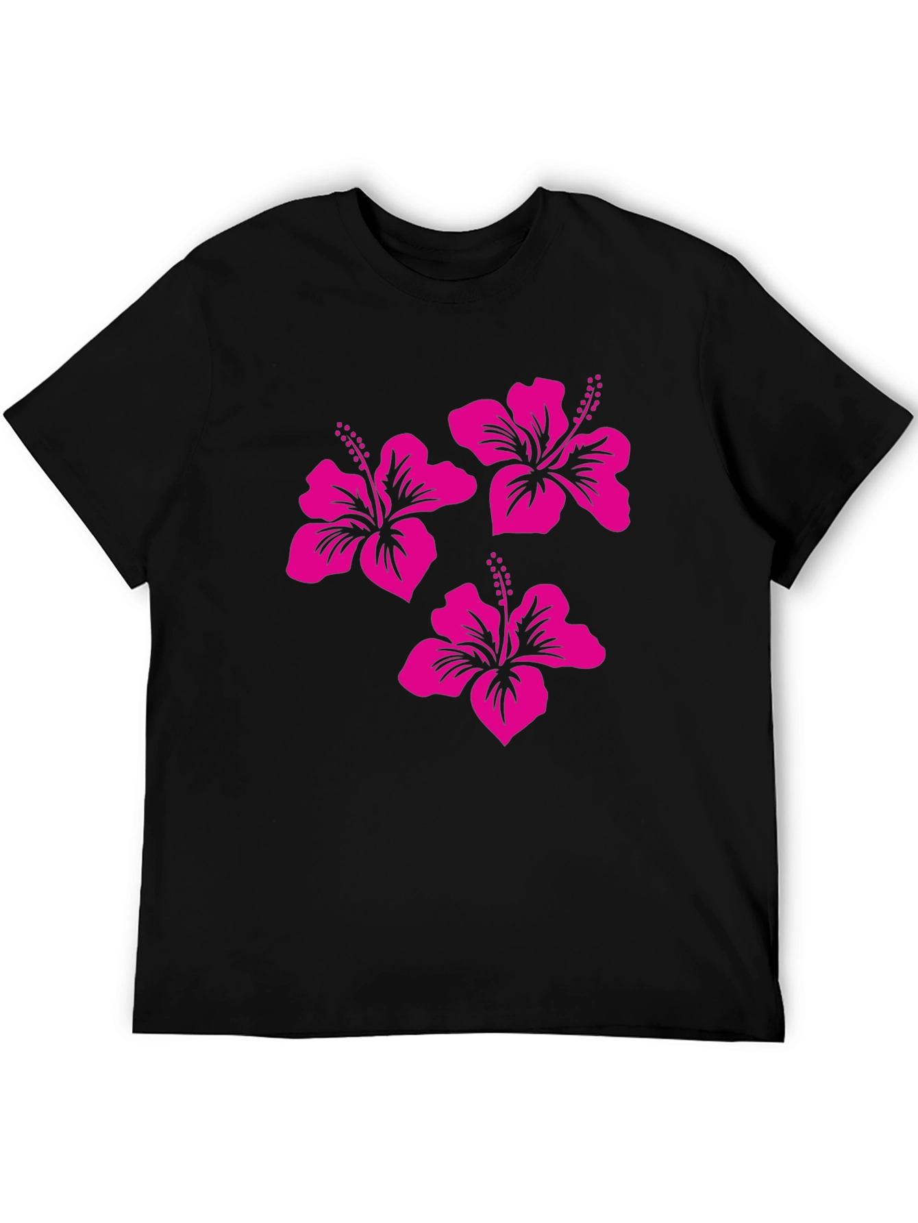 Black Tee with Pink Hibiscus Flower Design
