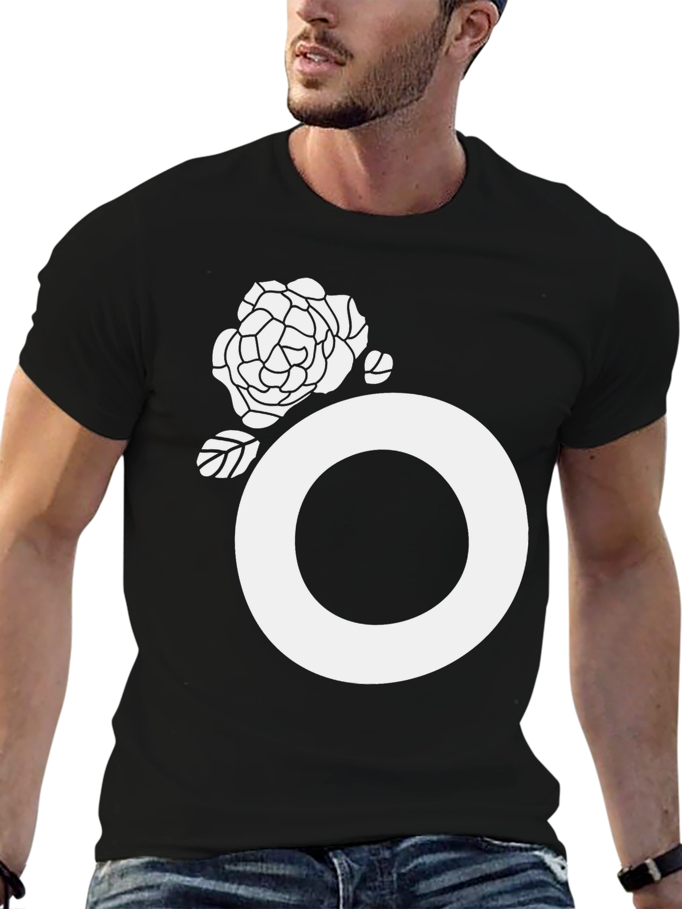 Black Tee with White Floral O Design