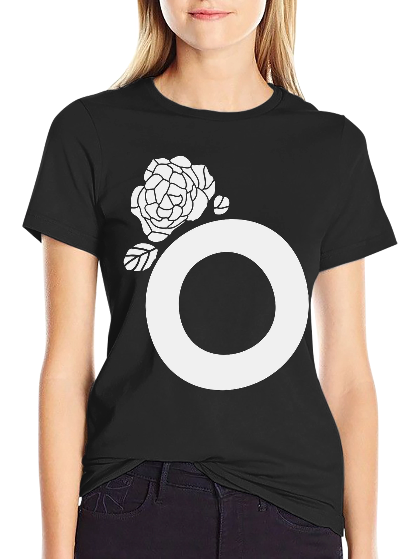 Black Tee with White Floral O Design