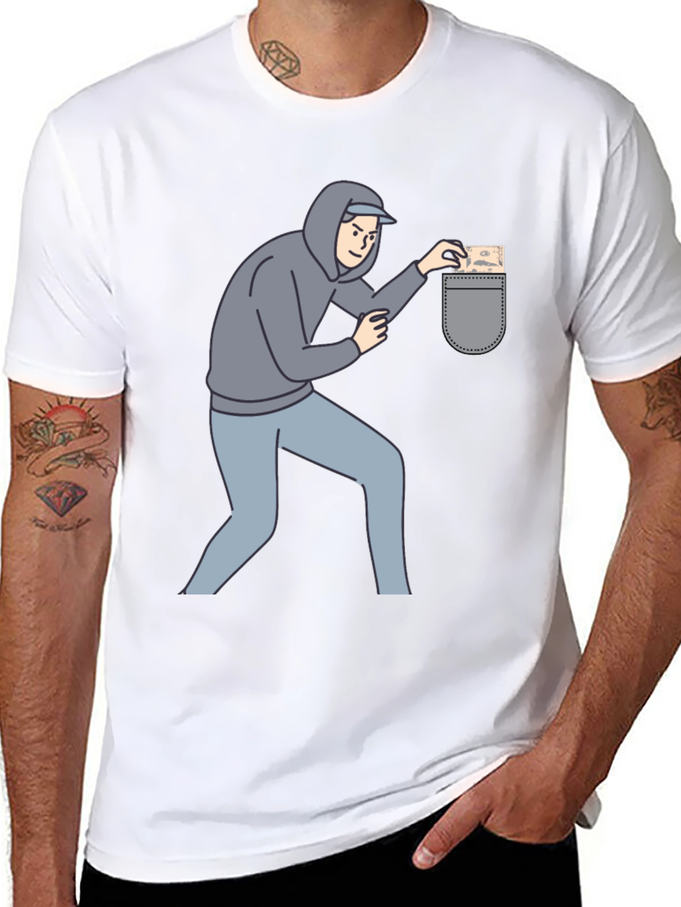 Funny Pickpocket Graphic Tee - Black Cotton Blend Shirt