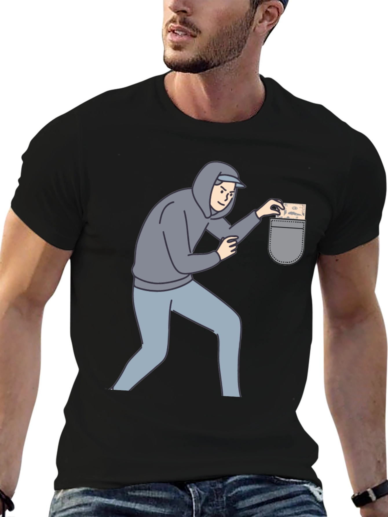 Funny Pickpocket Graphic Tee - Black Cotton Blend Shirt