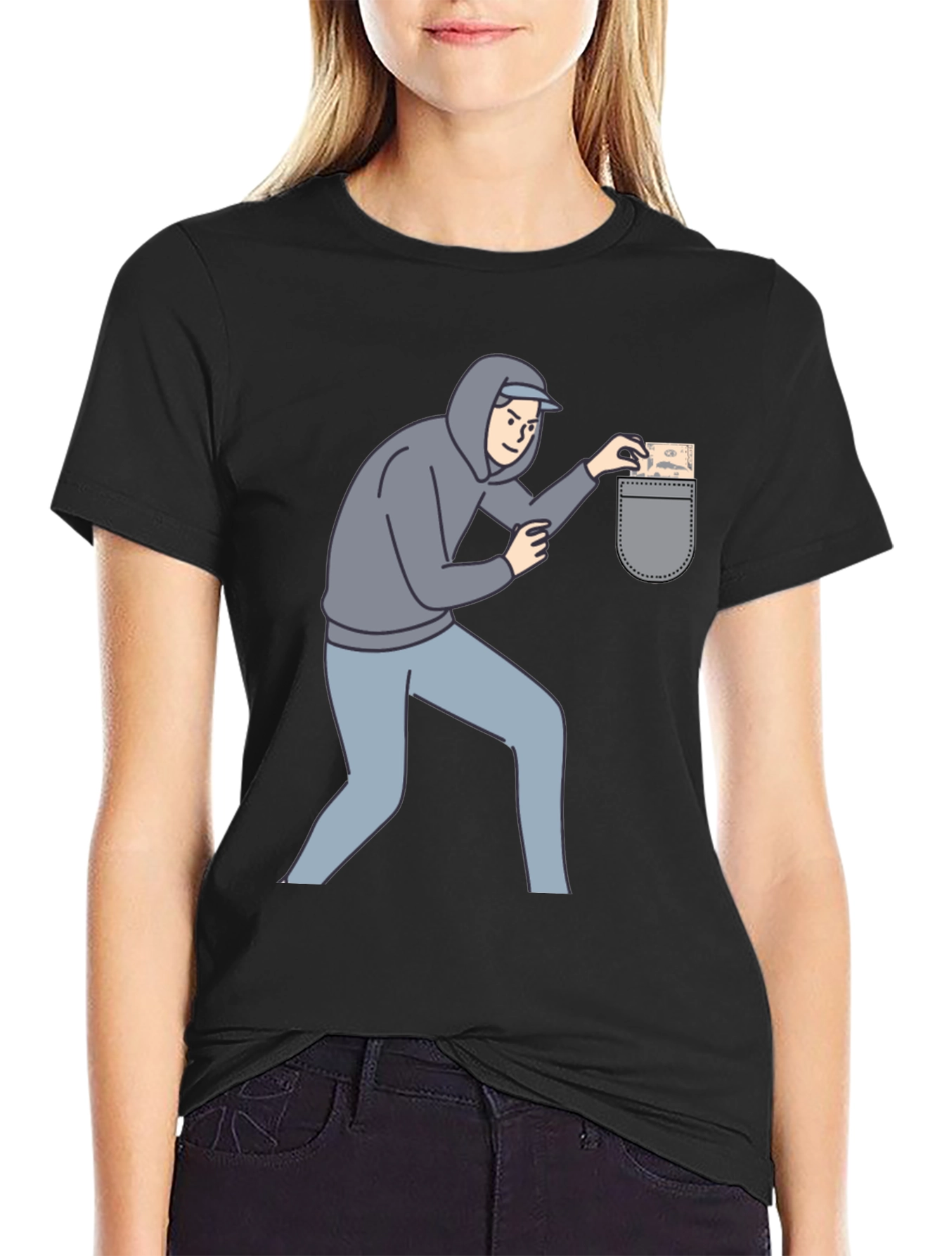 Funny Pickpocket Graphic Tee - Black Cotton Blend Shirt