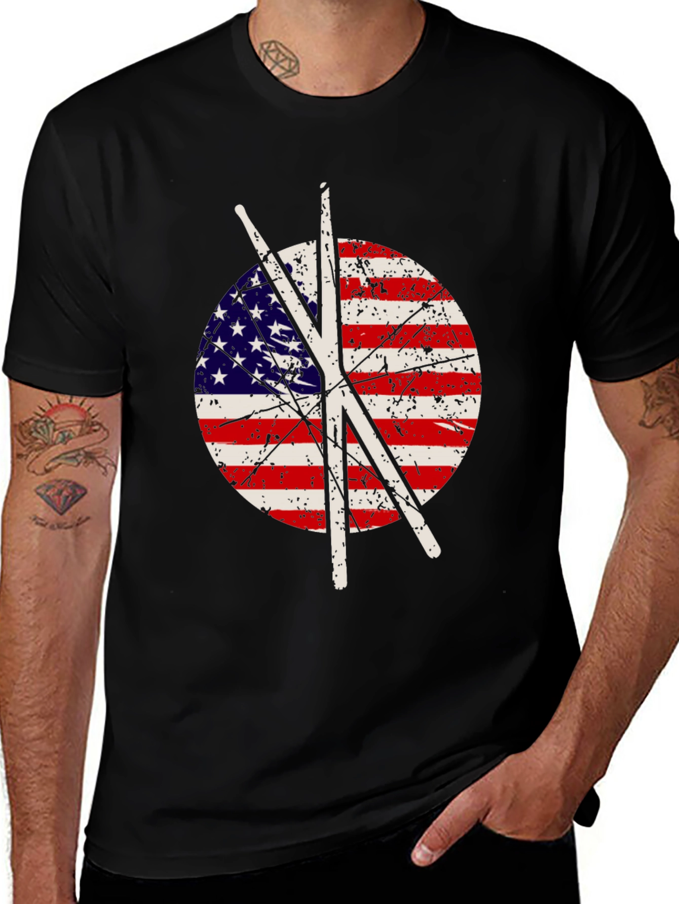 Patriotic Drummer T-Shirt - USA Flag Drumsticks