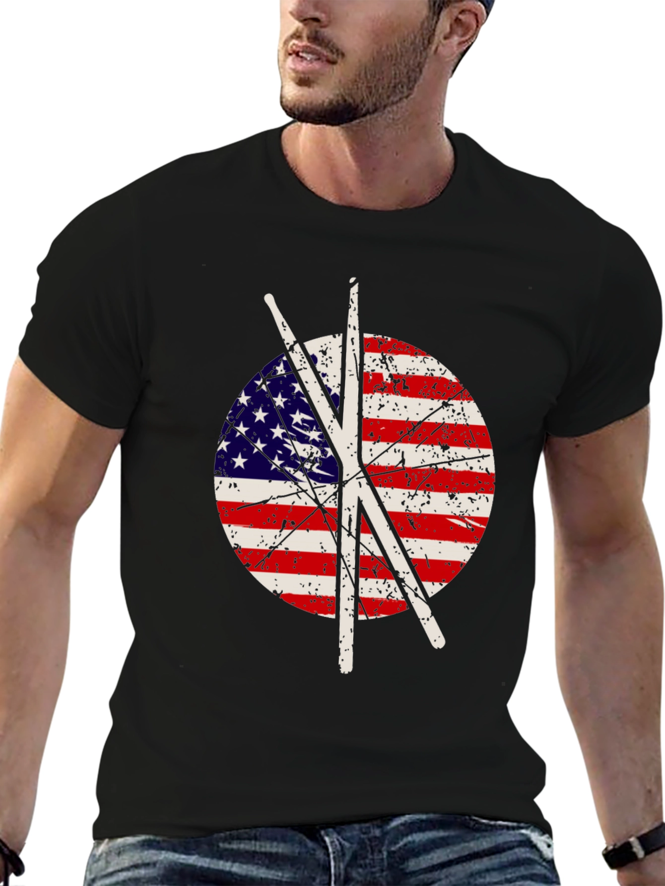 Patriotic Drummer T-Shirt - USA Flag Drumsticks