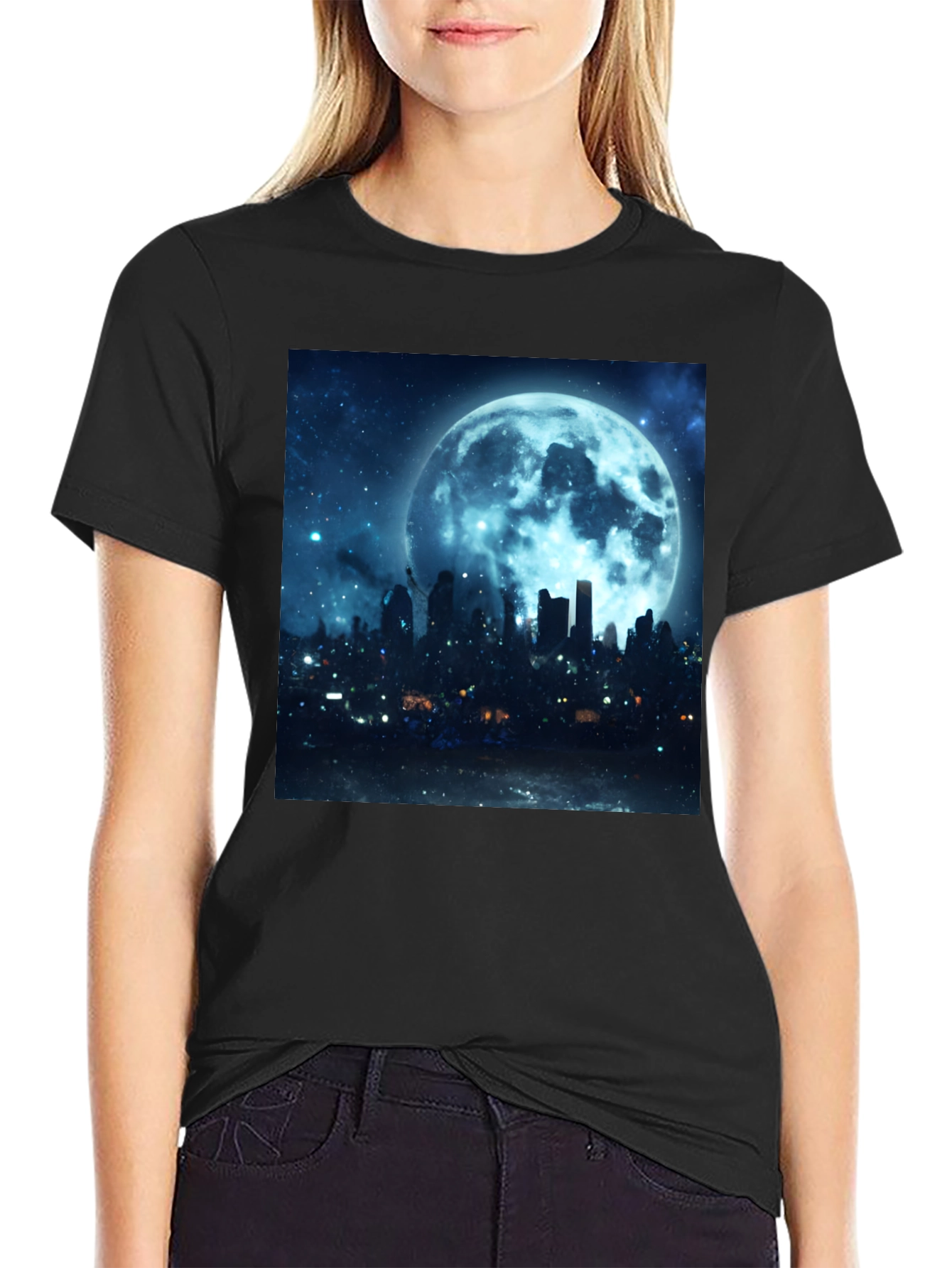 Moonlit Cityscape Graphic Tee - Black