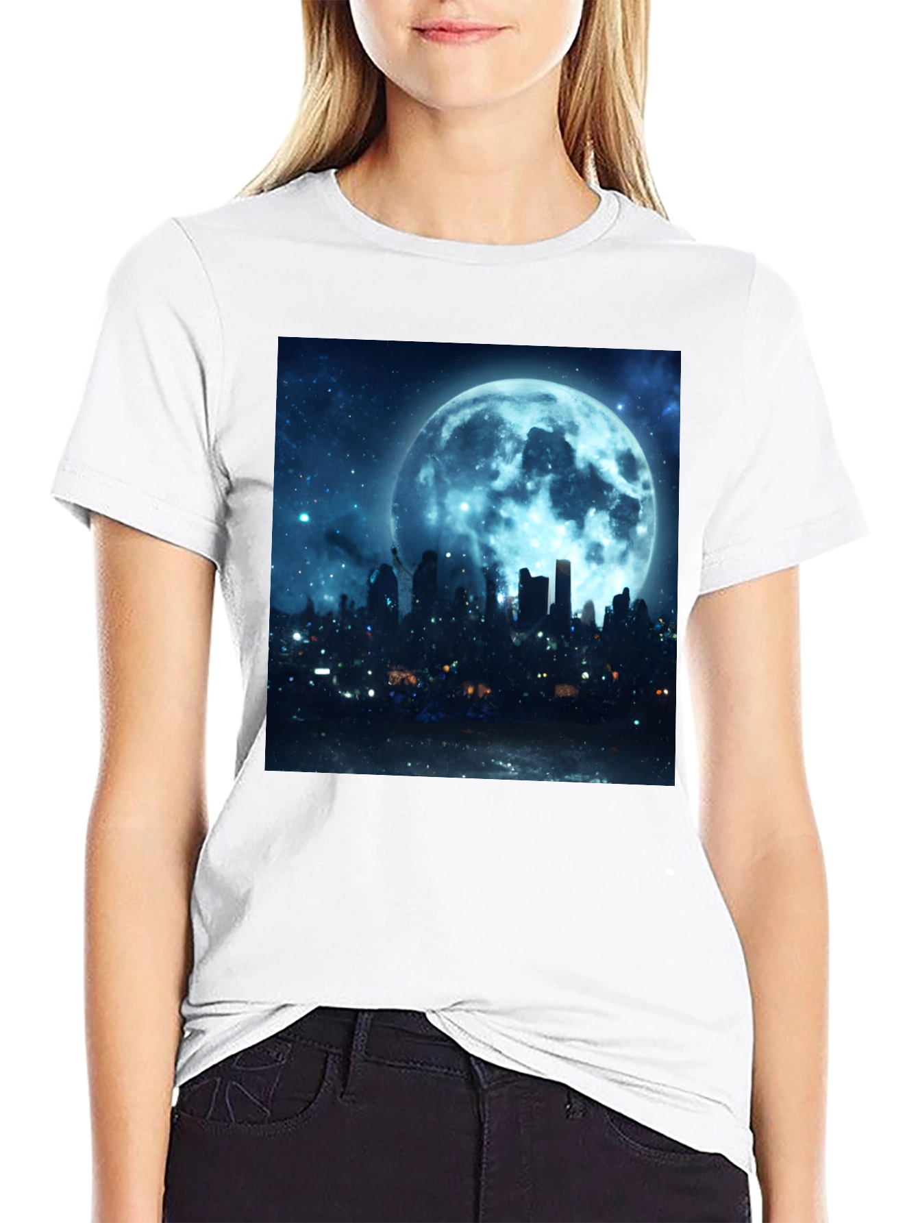 Moonlit Cityscape Graphic Tee - Black