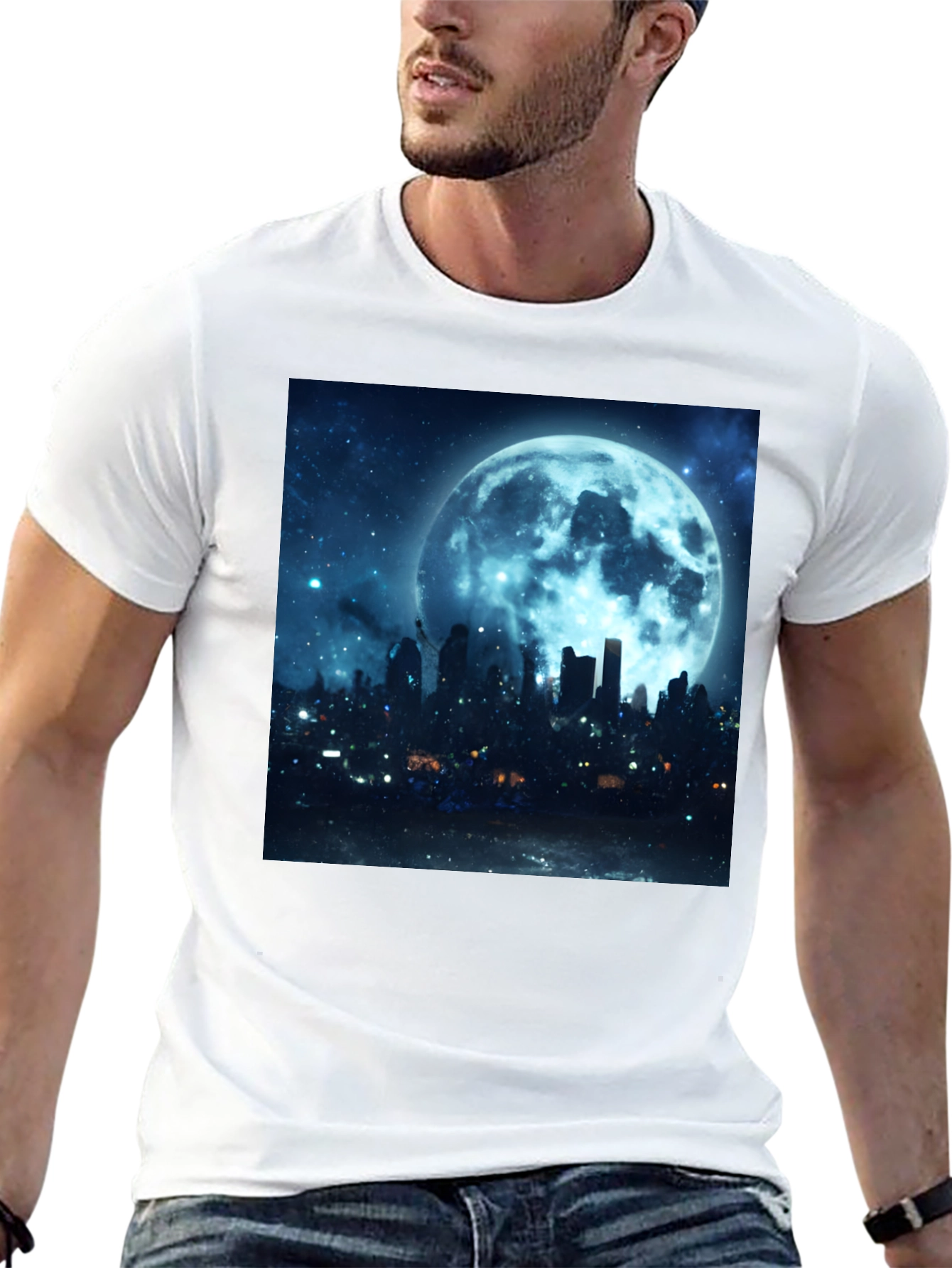 Moonlit Cityscape Graphic Tee - Black