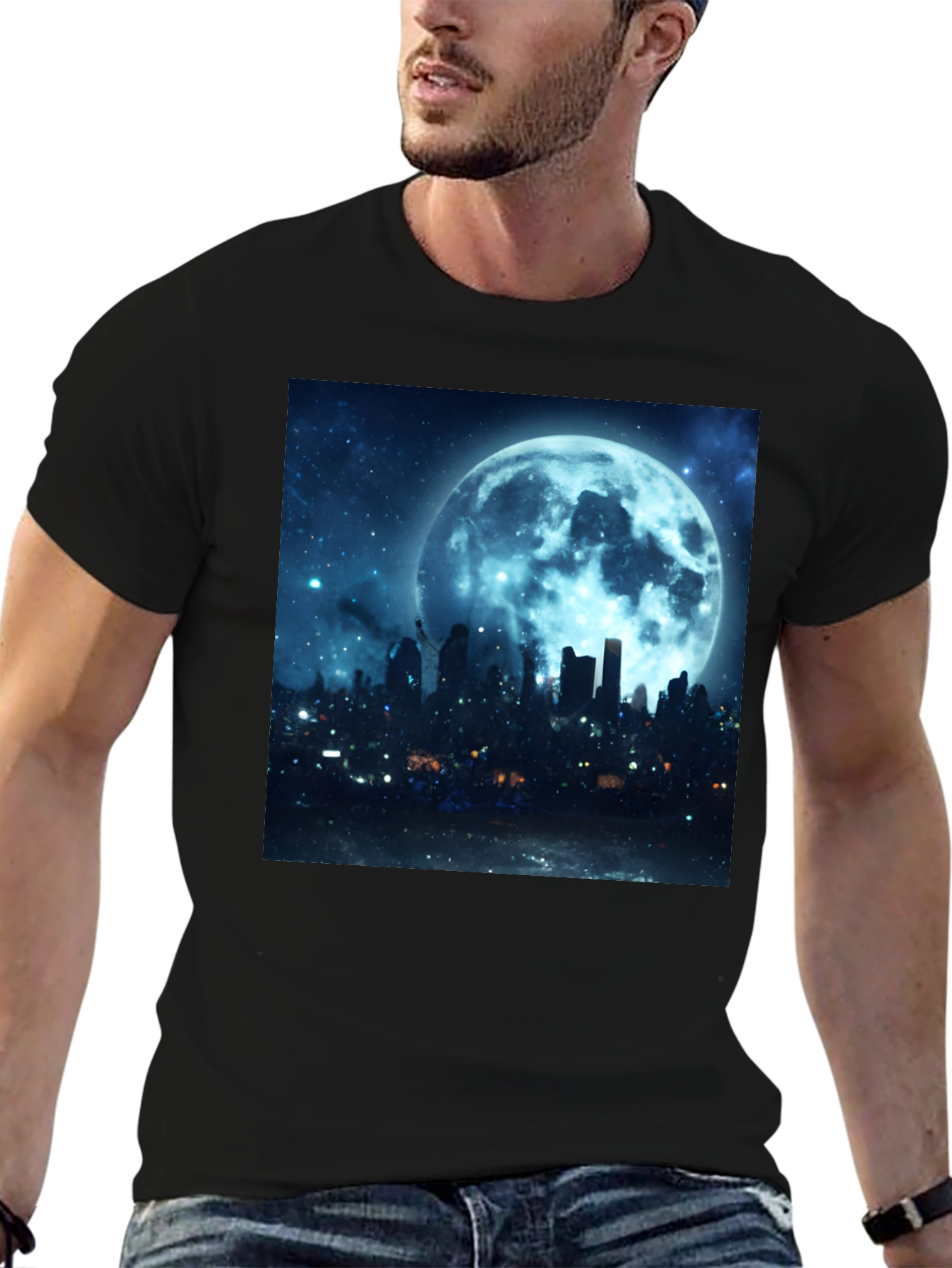Moonlit Cityscape Graphic Tee - Black