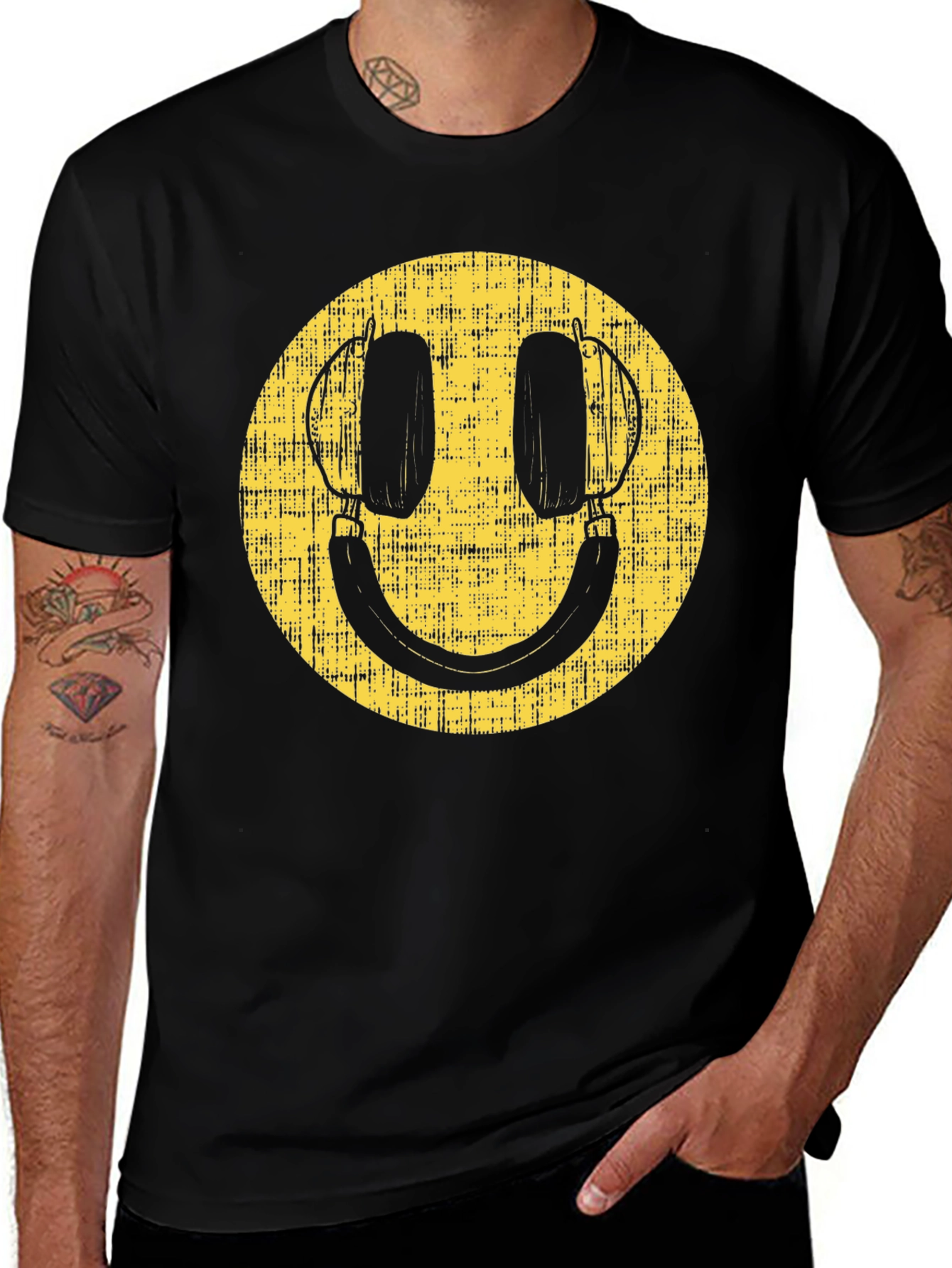 Retro Smiley Face Headphones Black T-Shirt