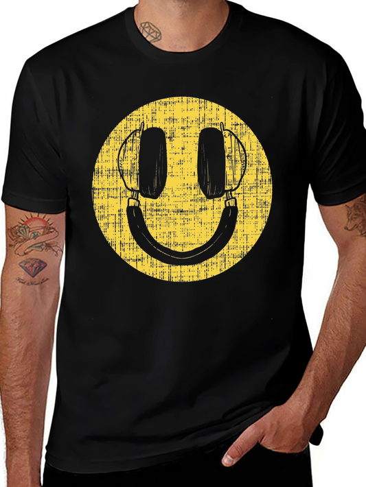 Retro Smiley Face Headphones Black T-Shirt