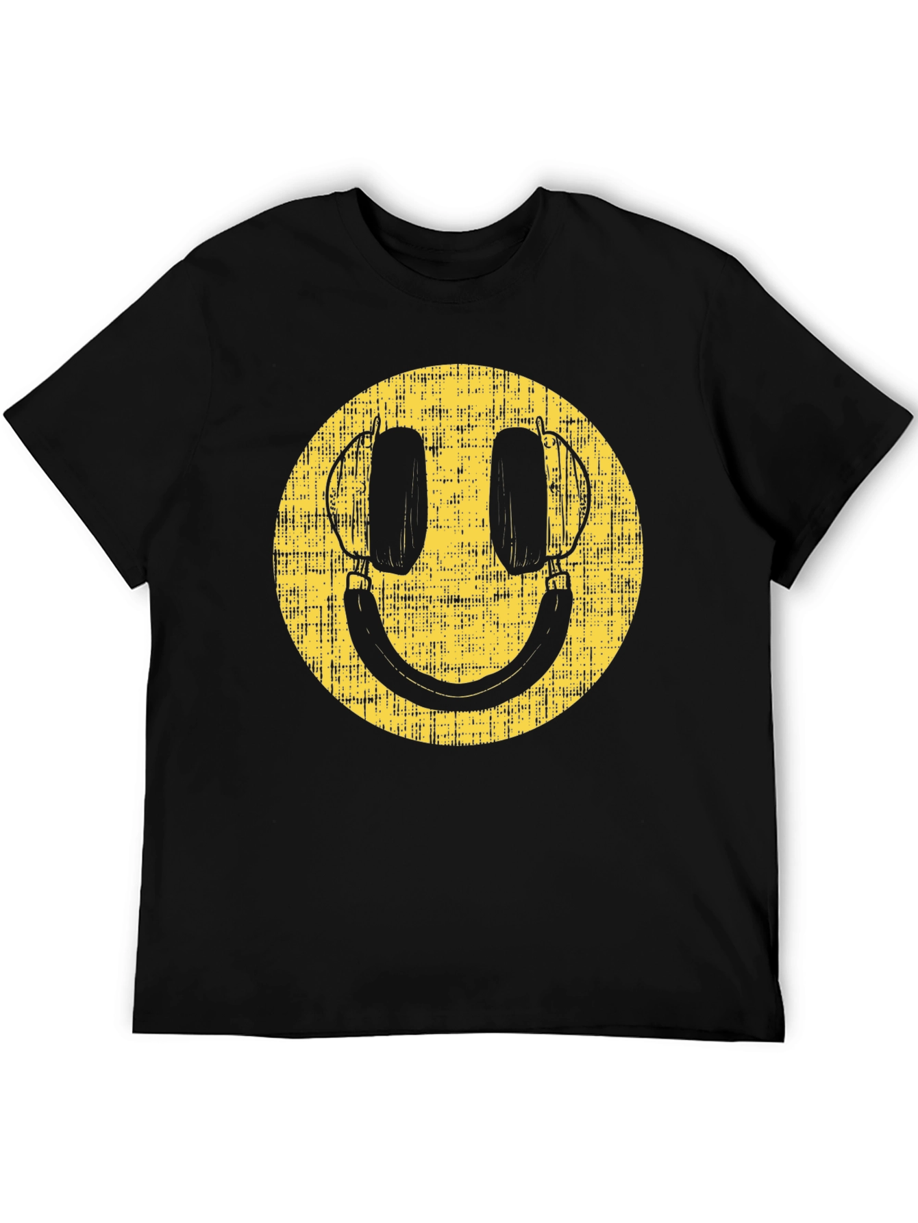Retro Smiley Face Headphones Black T-Shirt