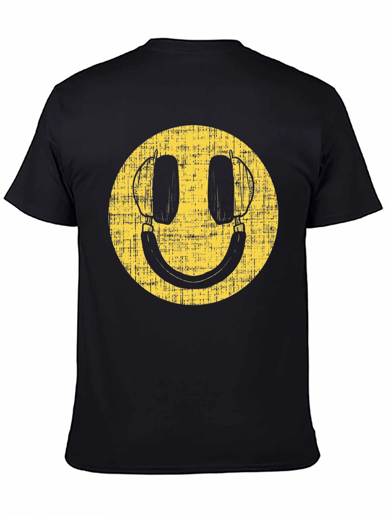 Retro Smiley Face Headphones Black T-Shirt