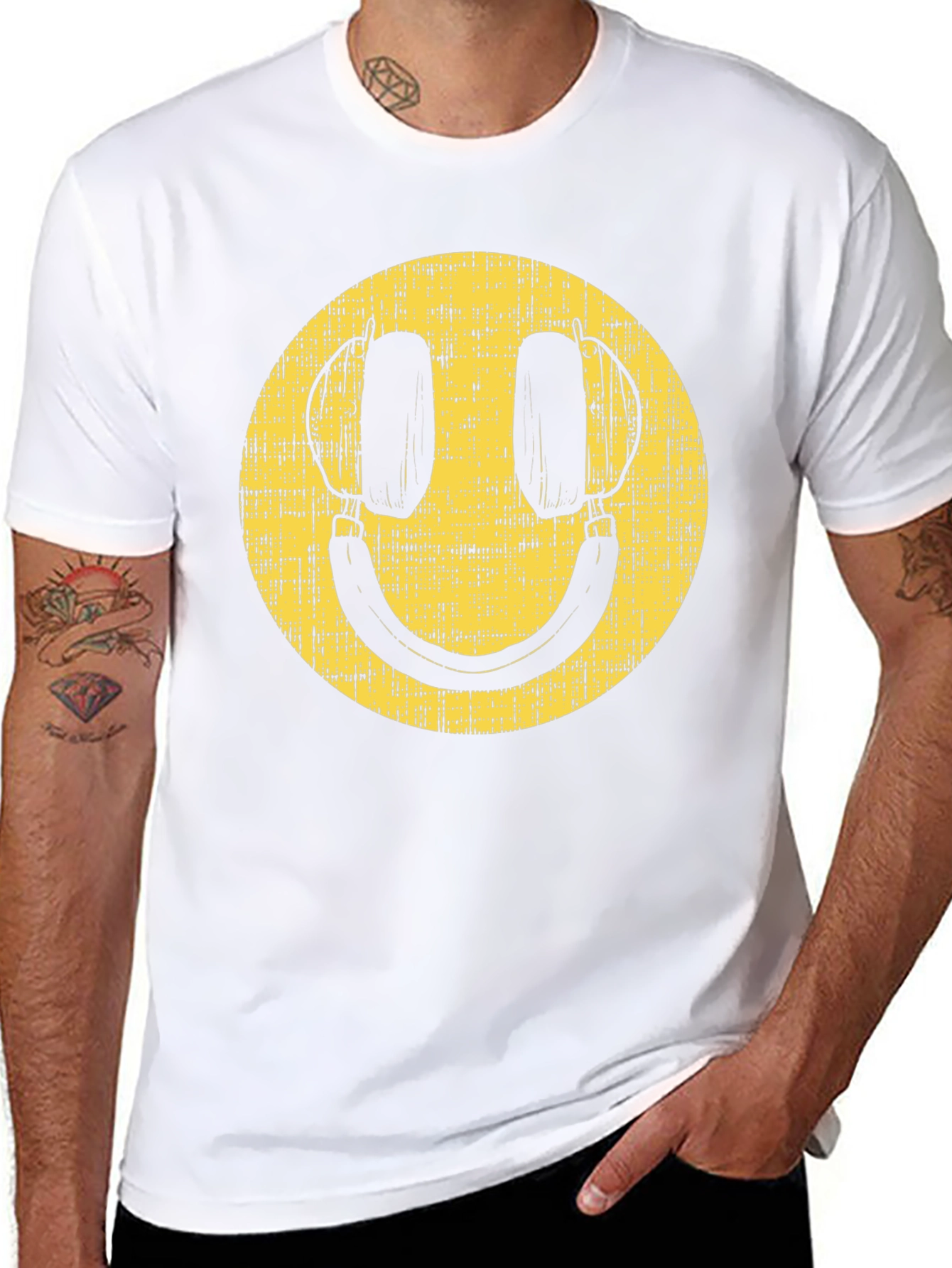 Retro Smiley Face Headphones Black T-Shirt