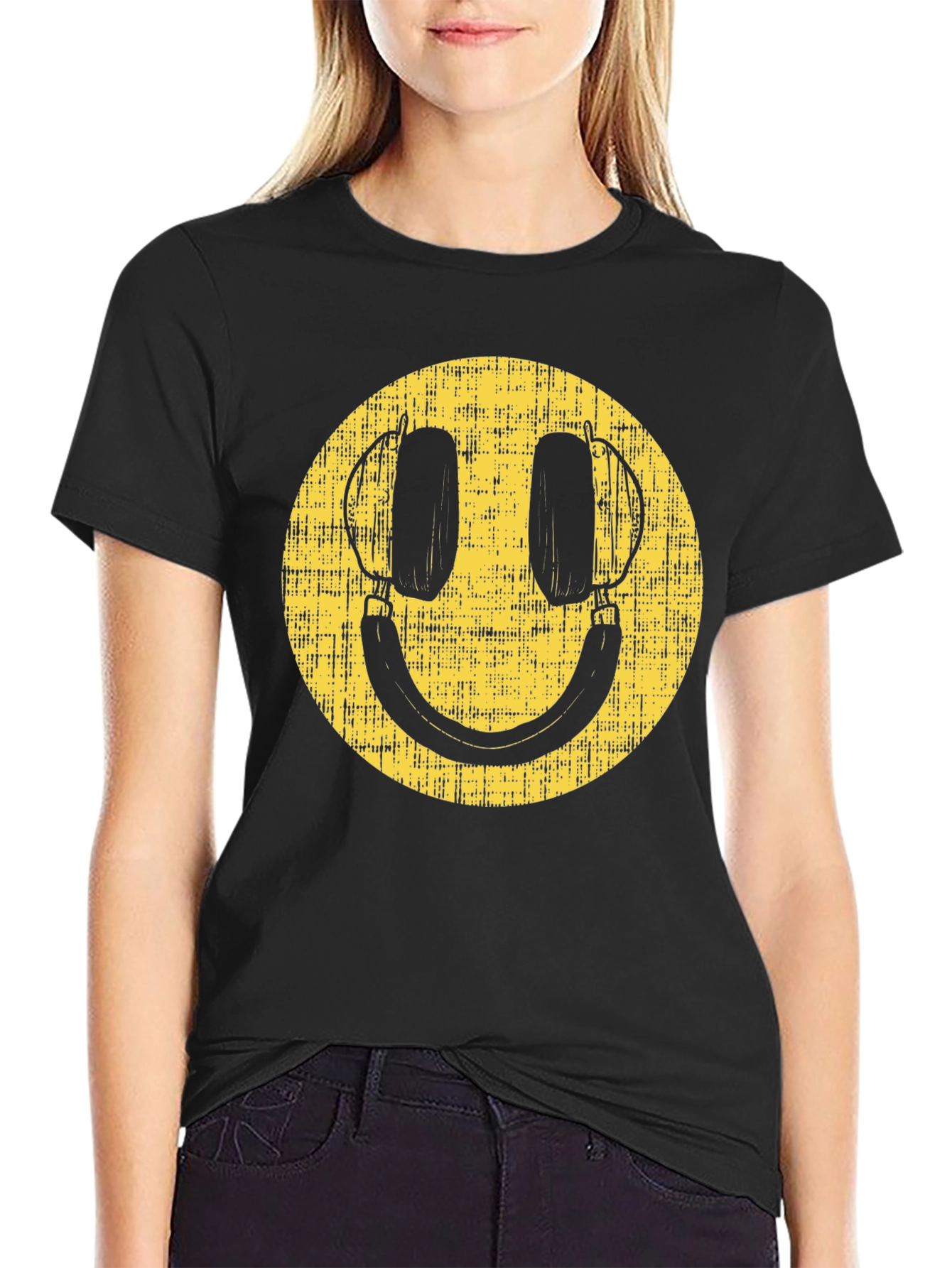 Retro Smiley Face Headphones Black T-Shirt