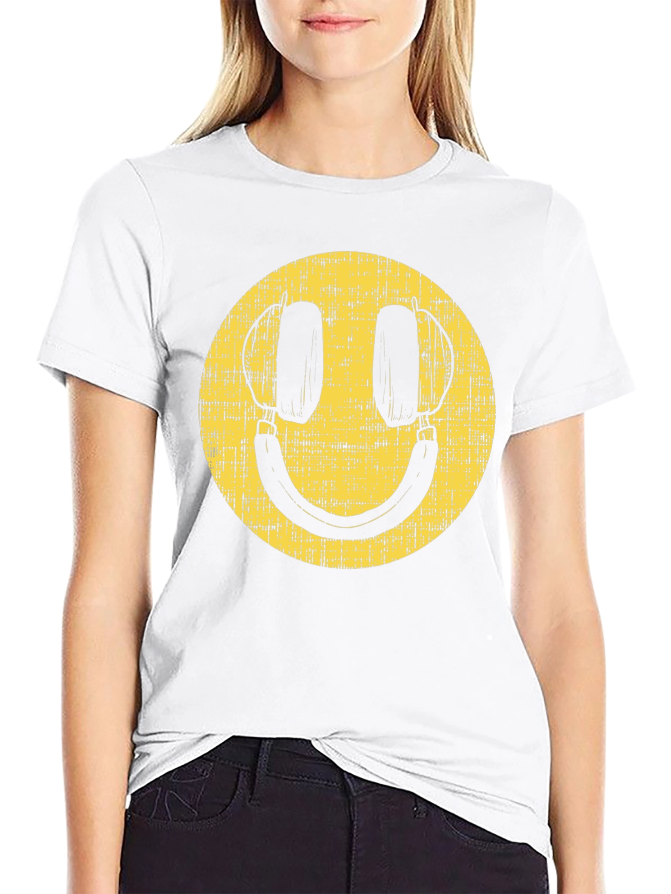 Retro Smiley Face Headphones Black T-Shirt
