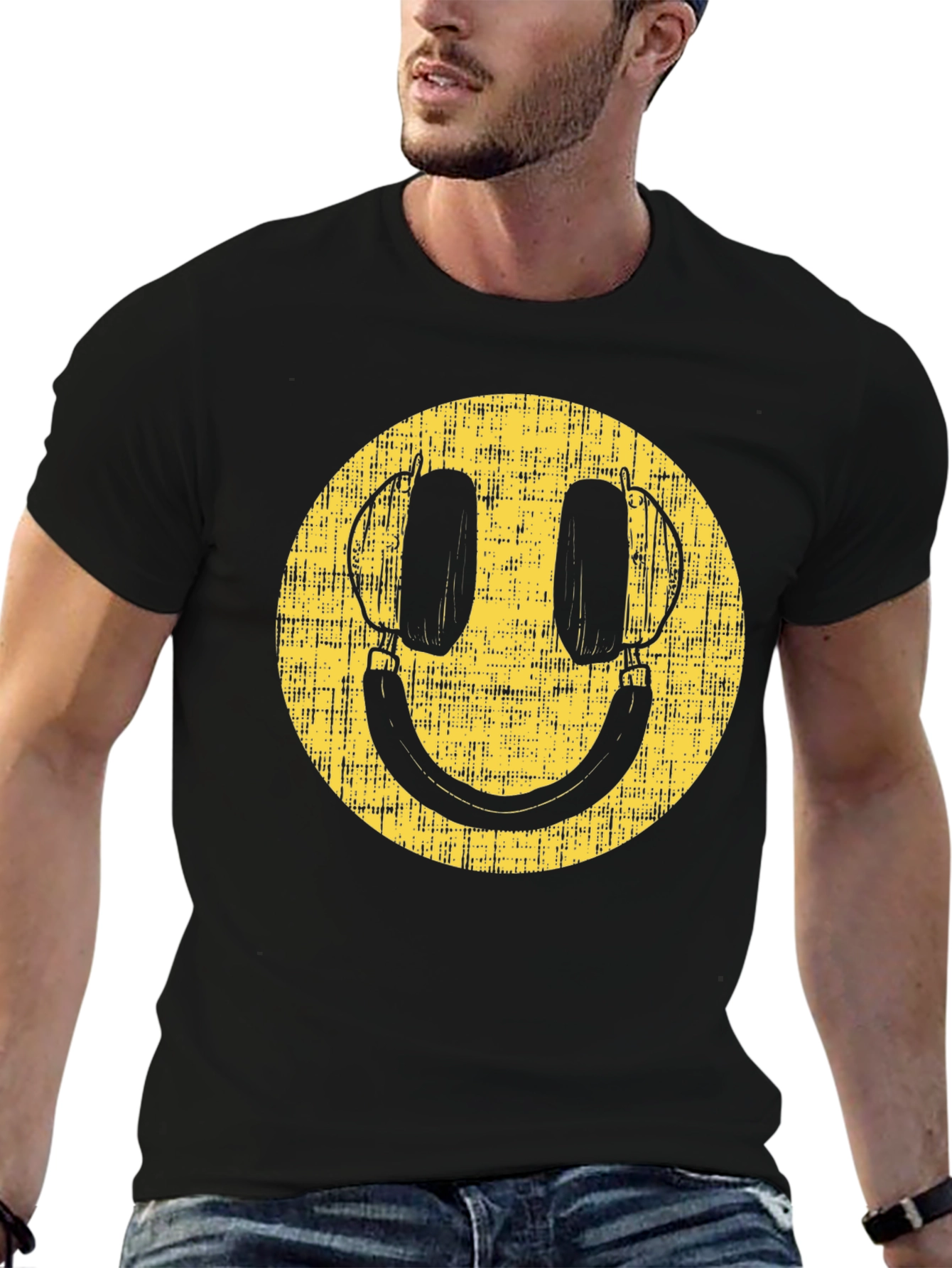 Retro Smiley Face Headphones Black T-Shirt