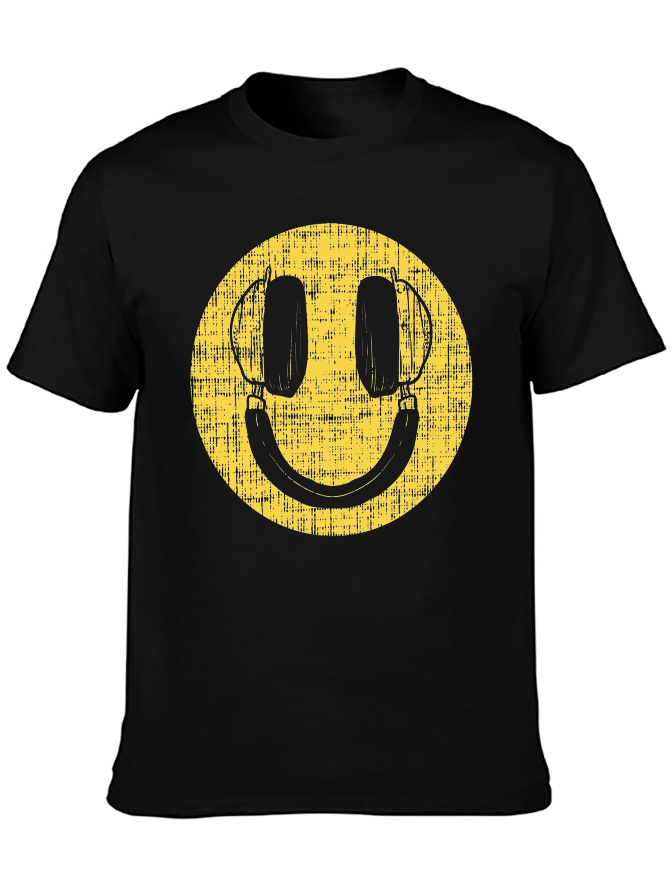 Retro Smiley Face Headphones Black T-Shirt