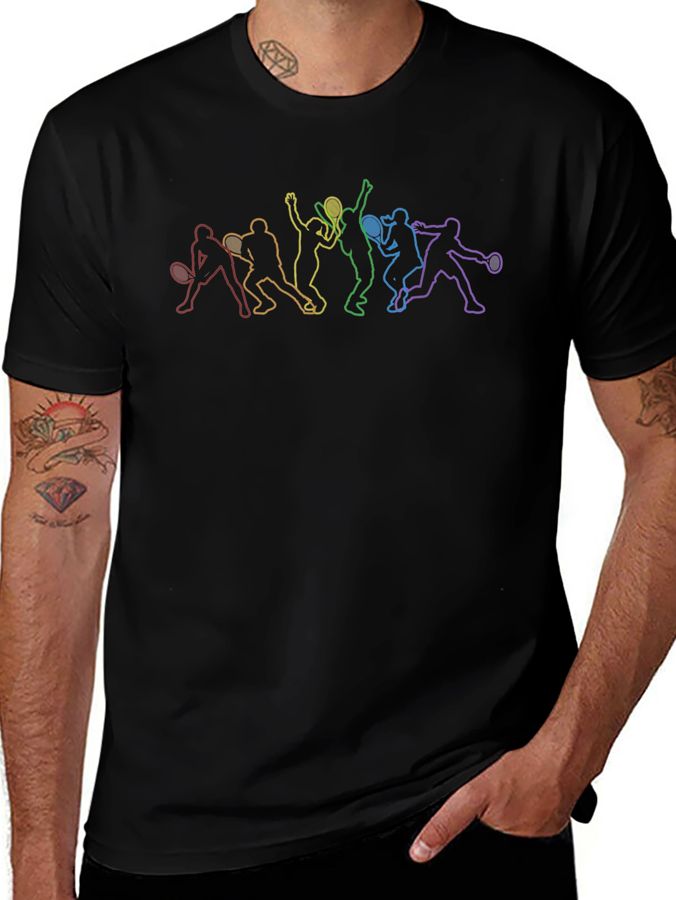 Rainbow Tennis Player Silhouette Black T-Shirt