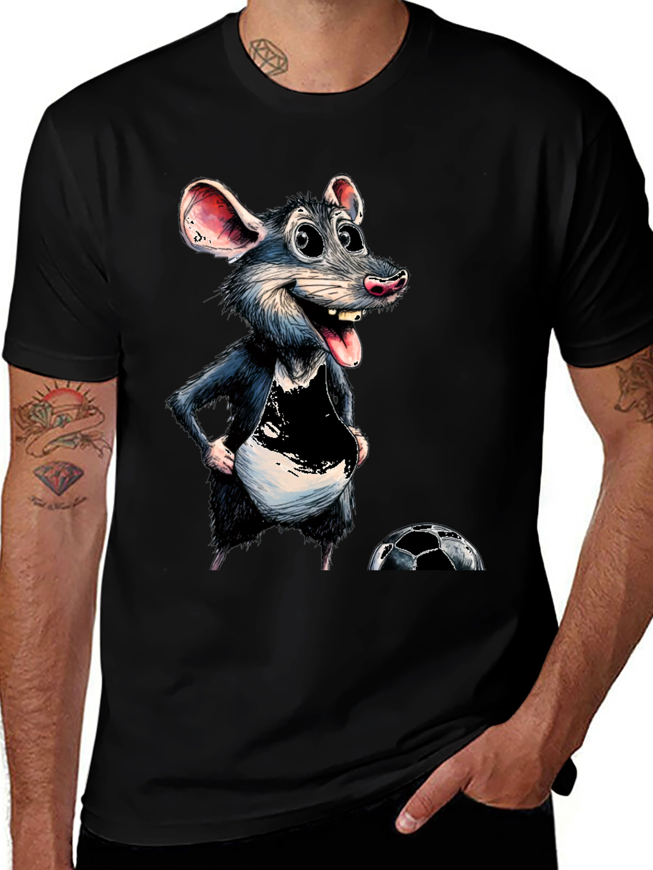 Cartoon Rat Graphic Tee - Soccer Fan T-Shirt