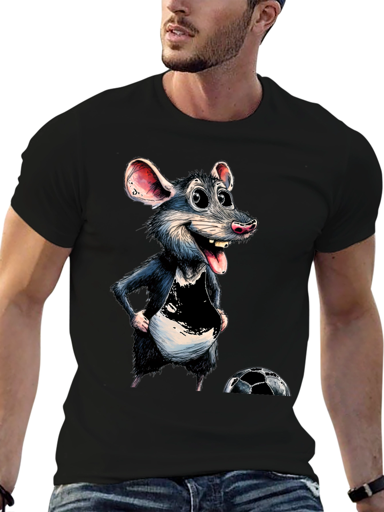 Cartoon Rat Graphic Tee - Soccer Fan T-Shirt
