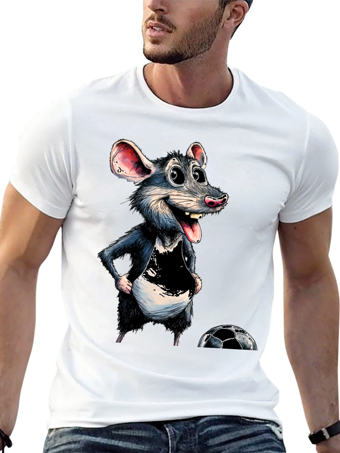 Cartoon Rat Graphic Tee - Soccer Fan T-Shirt