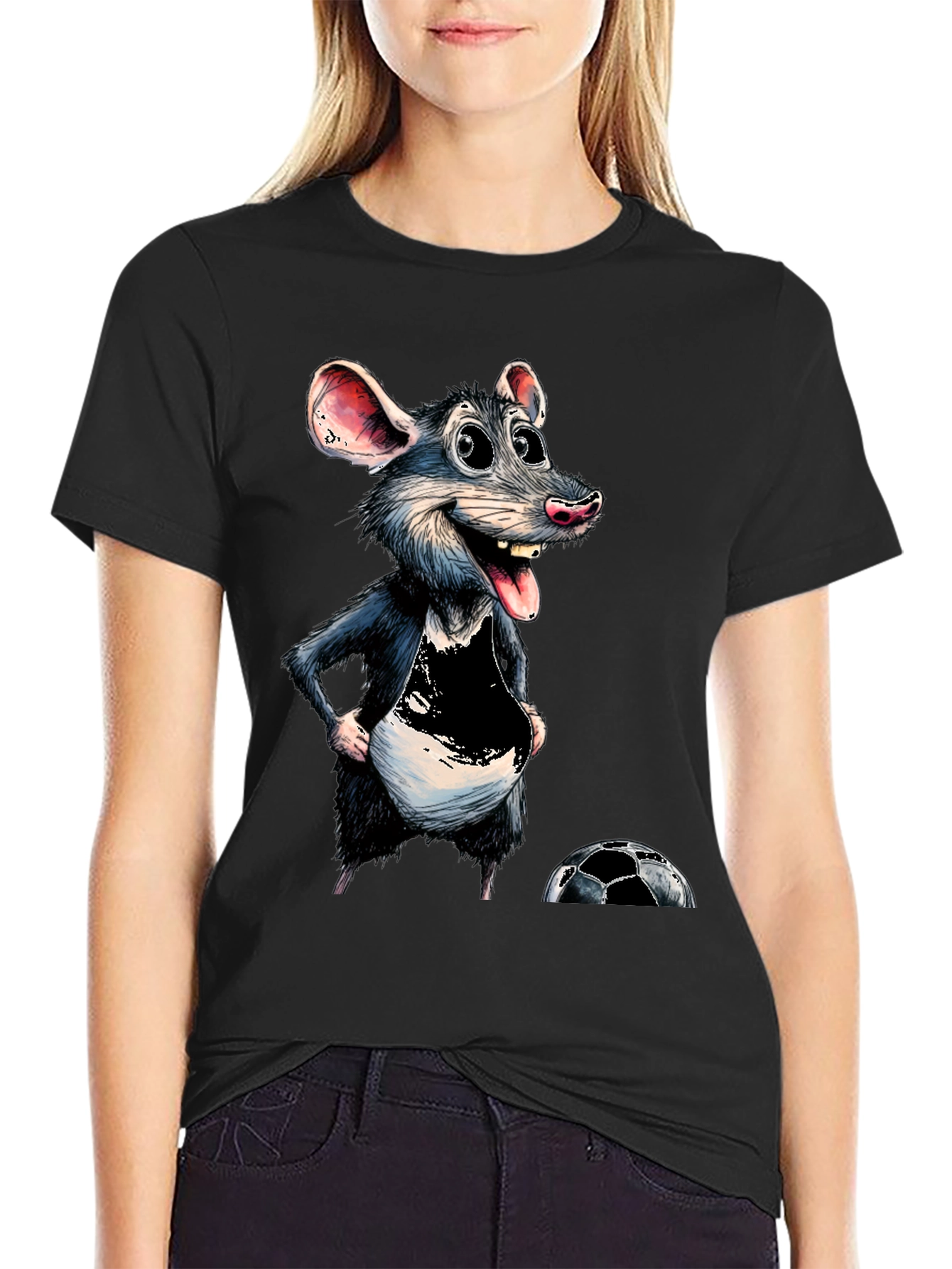 Cartoon Rat Graphic Tee - Soccer Fan T-Shirt
