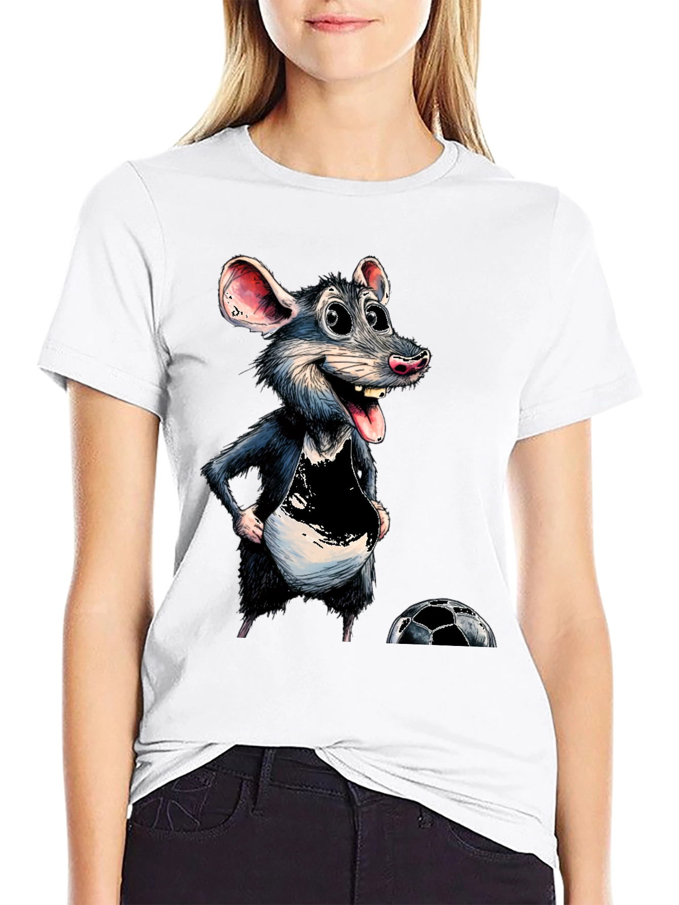 Cartoon Rat Graphic Tee - Soccer Fan T-Shirt