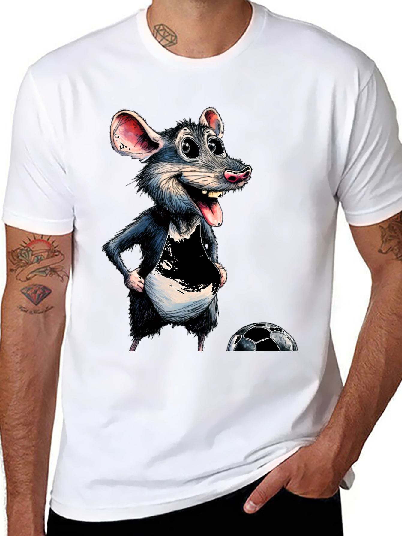 Cartoon Rat Graphic Tee - Soccer Fan T-Shirt