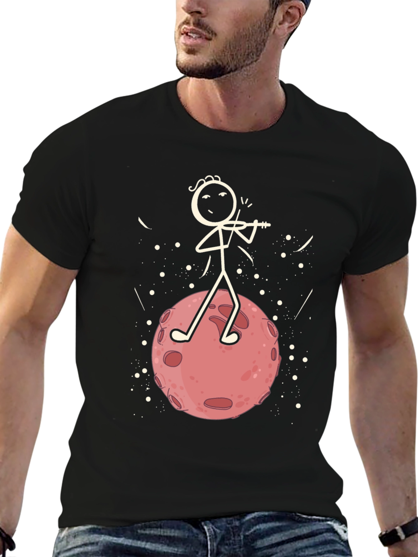 Moon Violinist Graphic T-Shirt - Black Cotton Tee