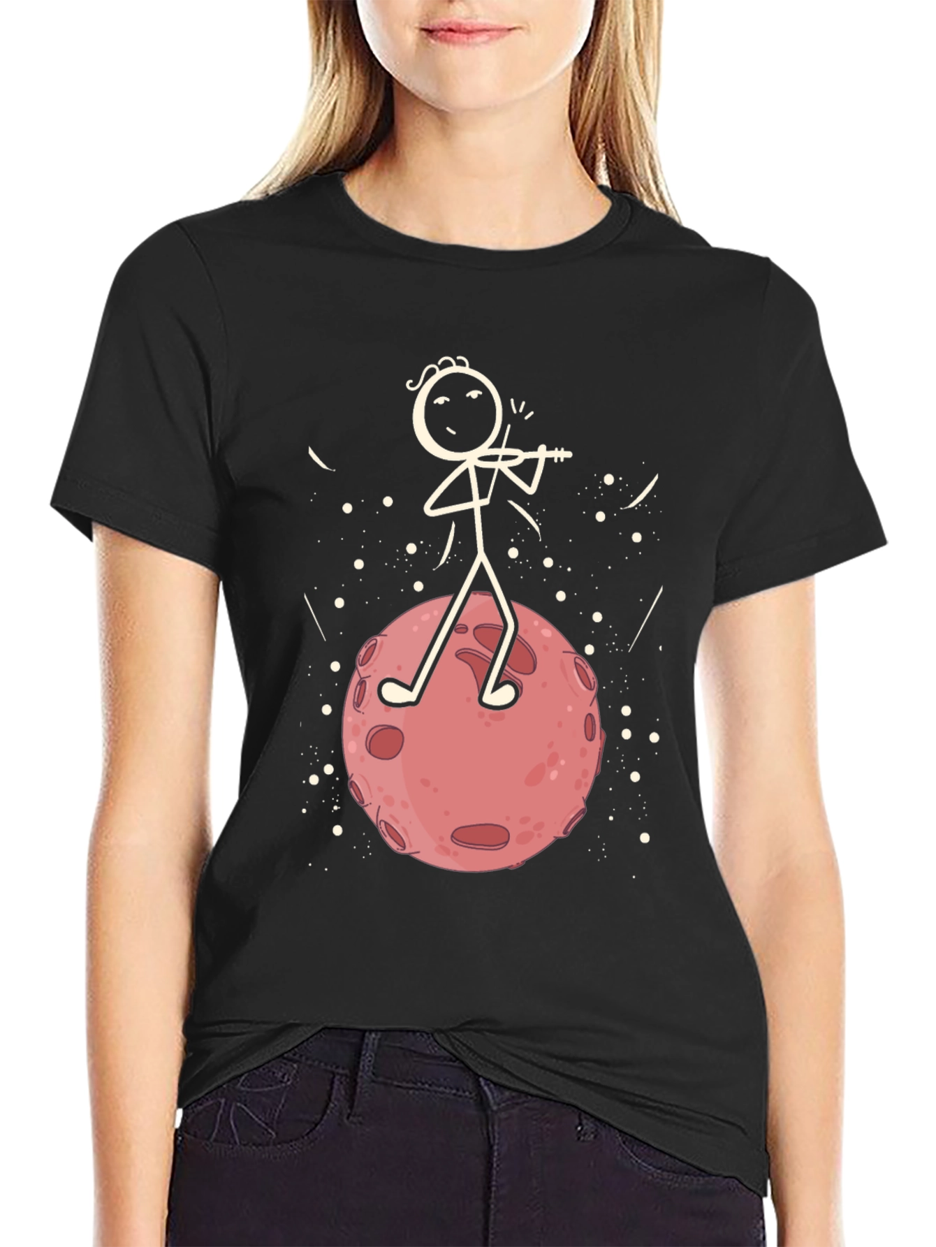 Moon Violinist Graphic T-Shirt - Black Cotton Tee