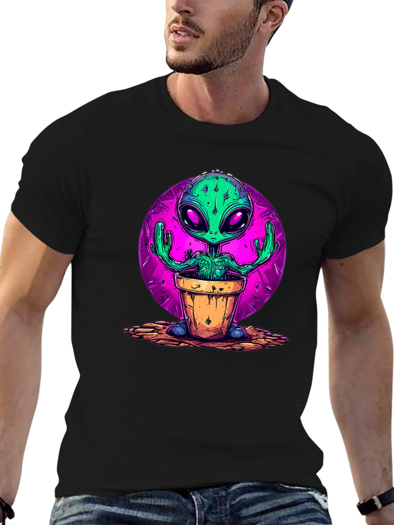 Alien in Pot Graphic Tee - Black Cotton T-Shirt