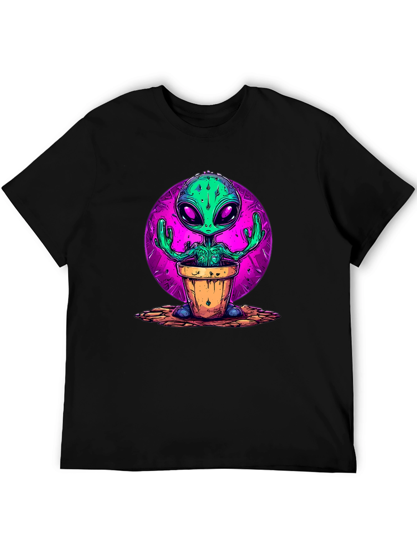 Alien in Pot Graphic Tee - Black Cotton T-Shirt