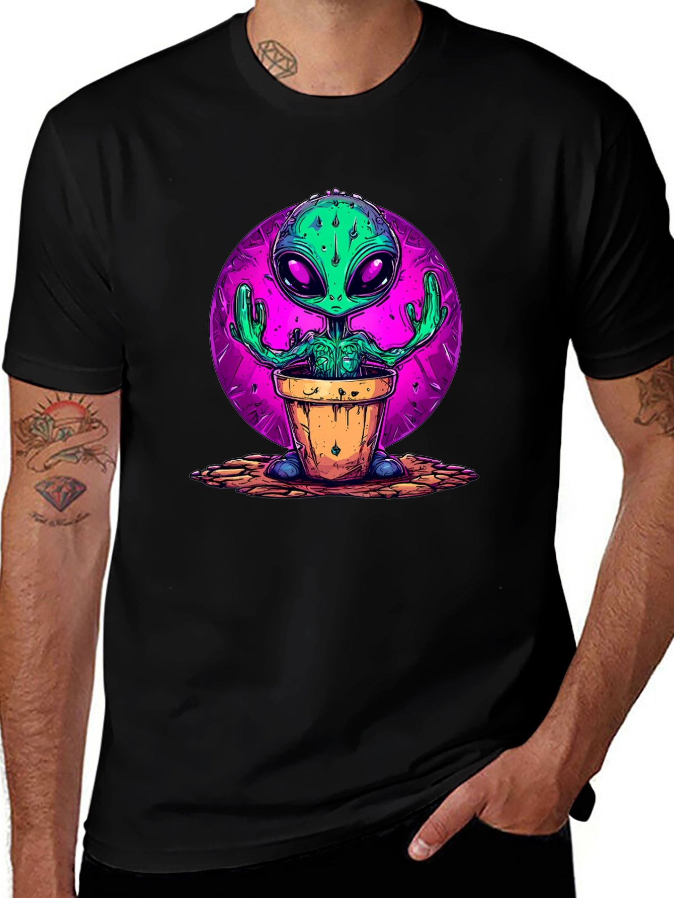 Alien in Pot Graphic Tee - Black Cotton T-Shirt
