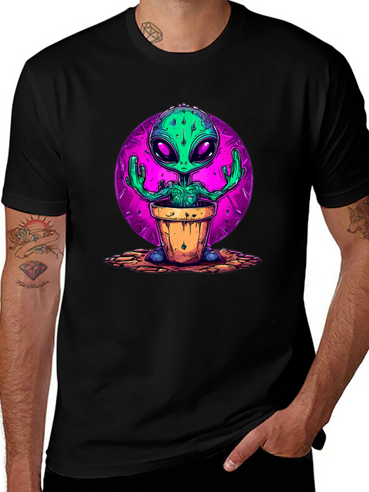 Alien in Pot Graphic Tee - Black Cotton T-Shirt