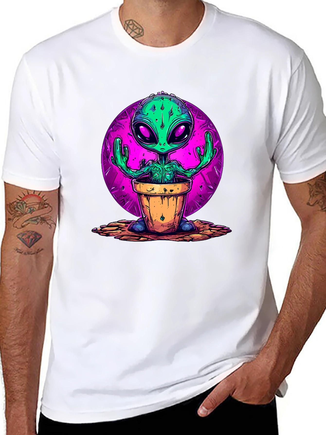 Alien in Pot Graphic Tee - Black Cotton T-Shirt
