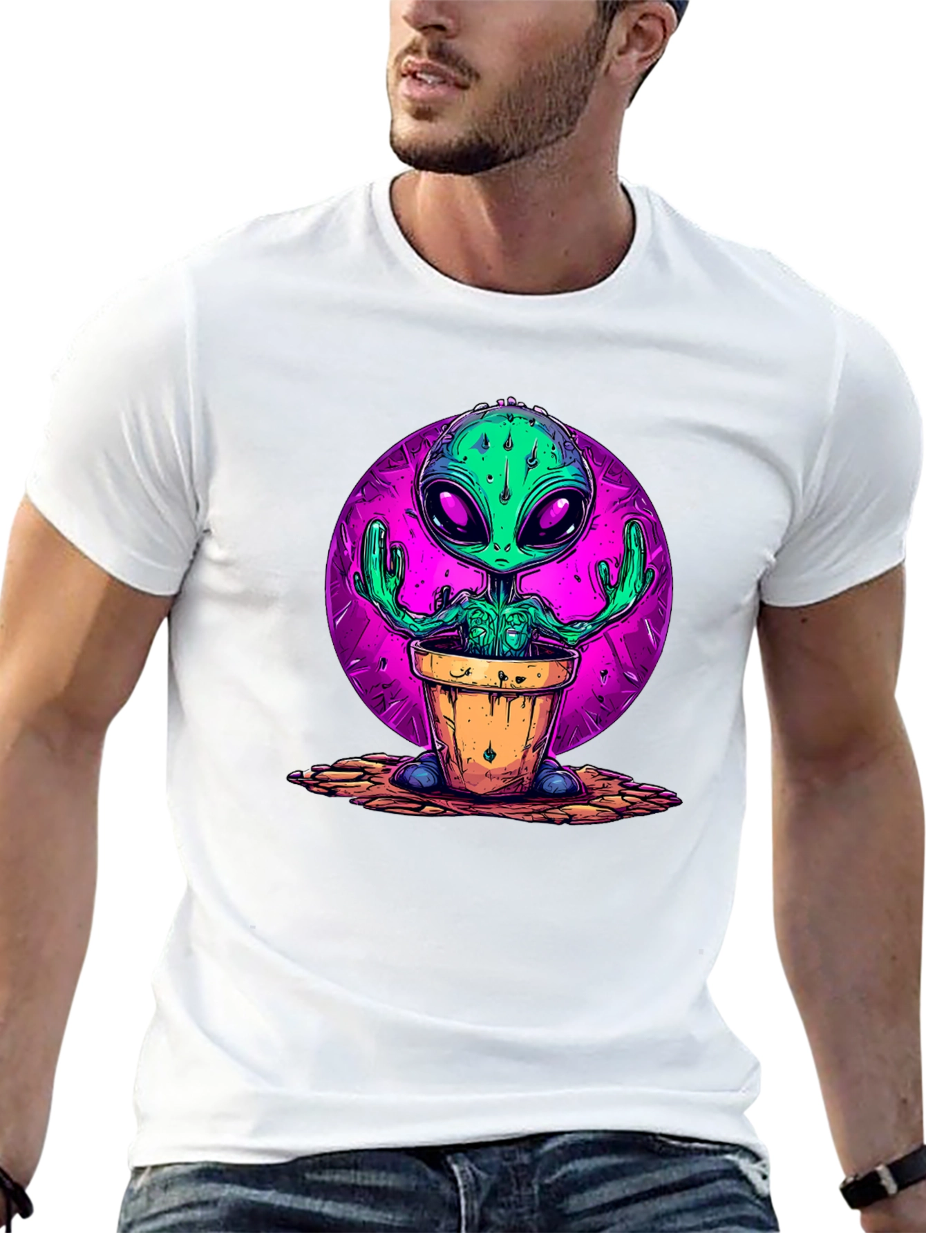 Alien in Pot Graphic Tee - Black Cotton T-Shirt
