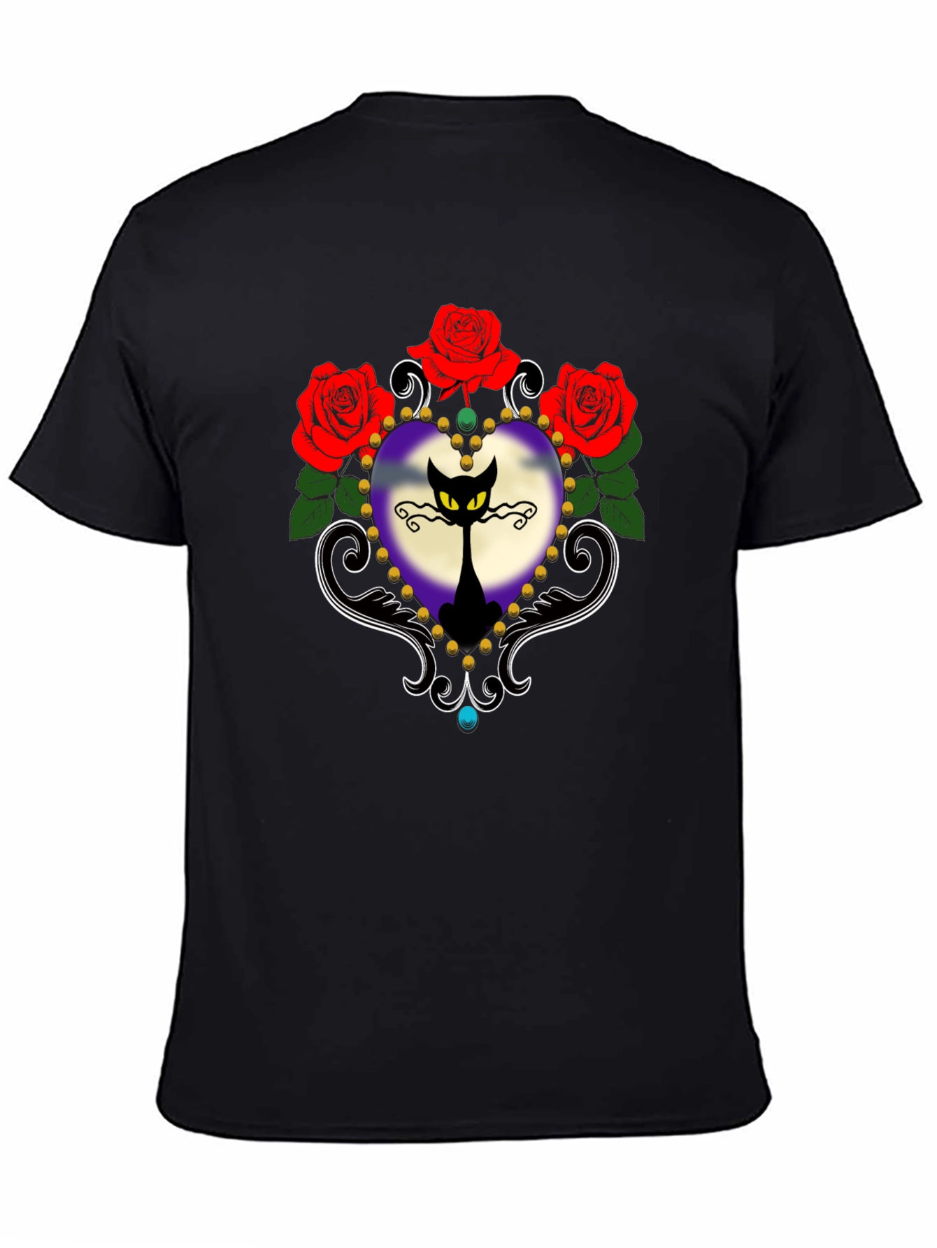 Gothic Cat & Roses Graphic Tee - Black