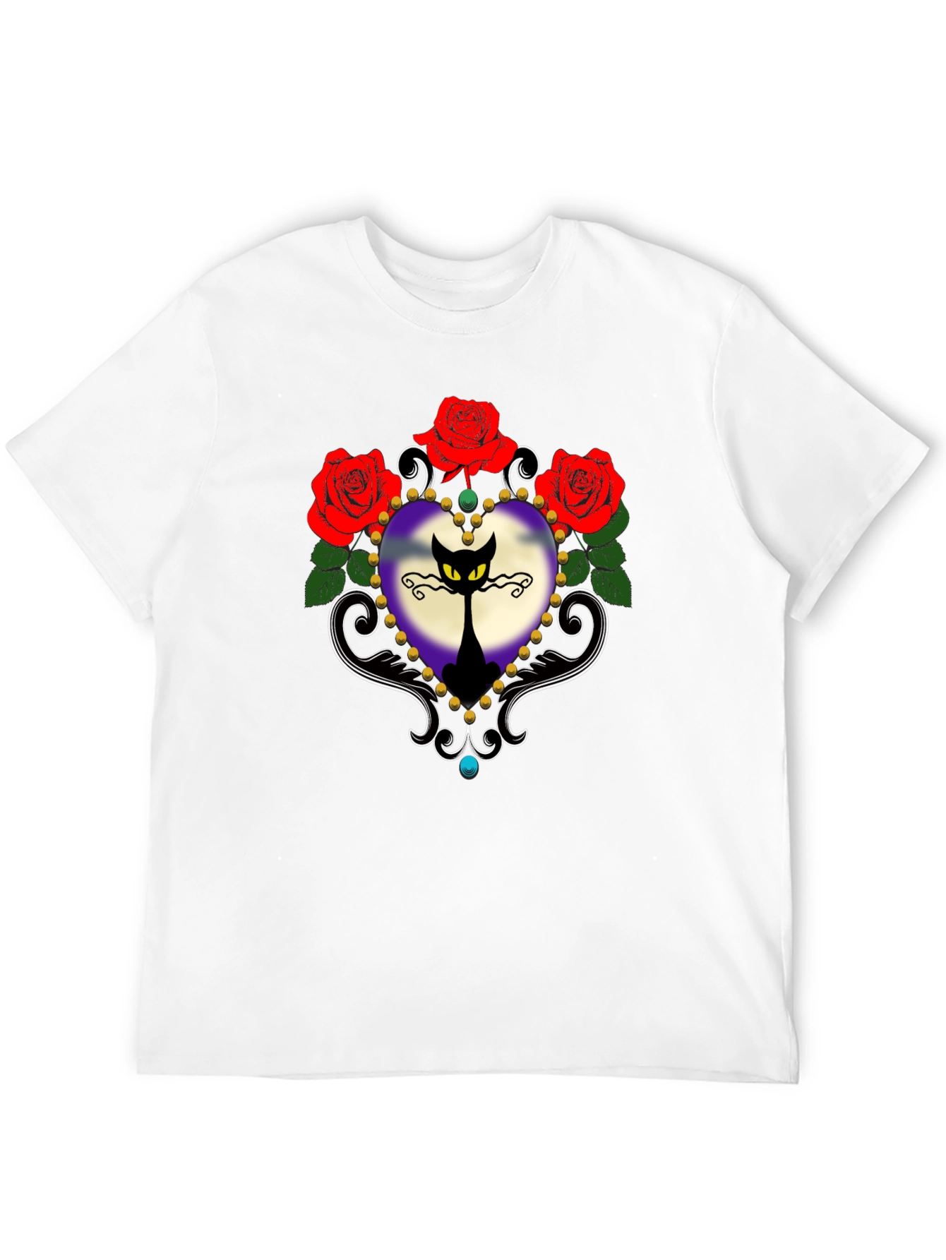 Gothic Cat & Roses Graphic Tee - Black