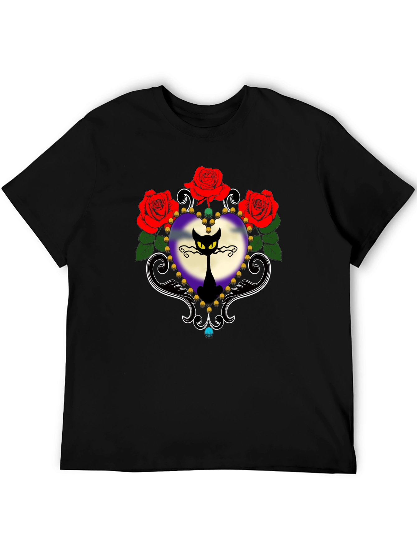Gothic Cat & Roses Graphic Tee - Black