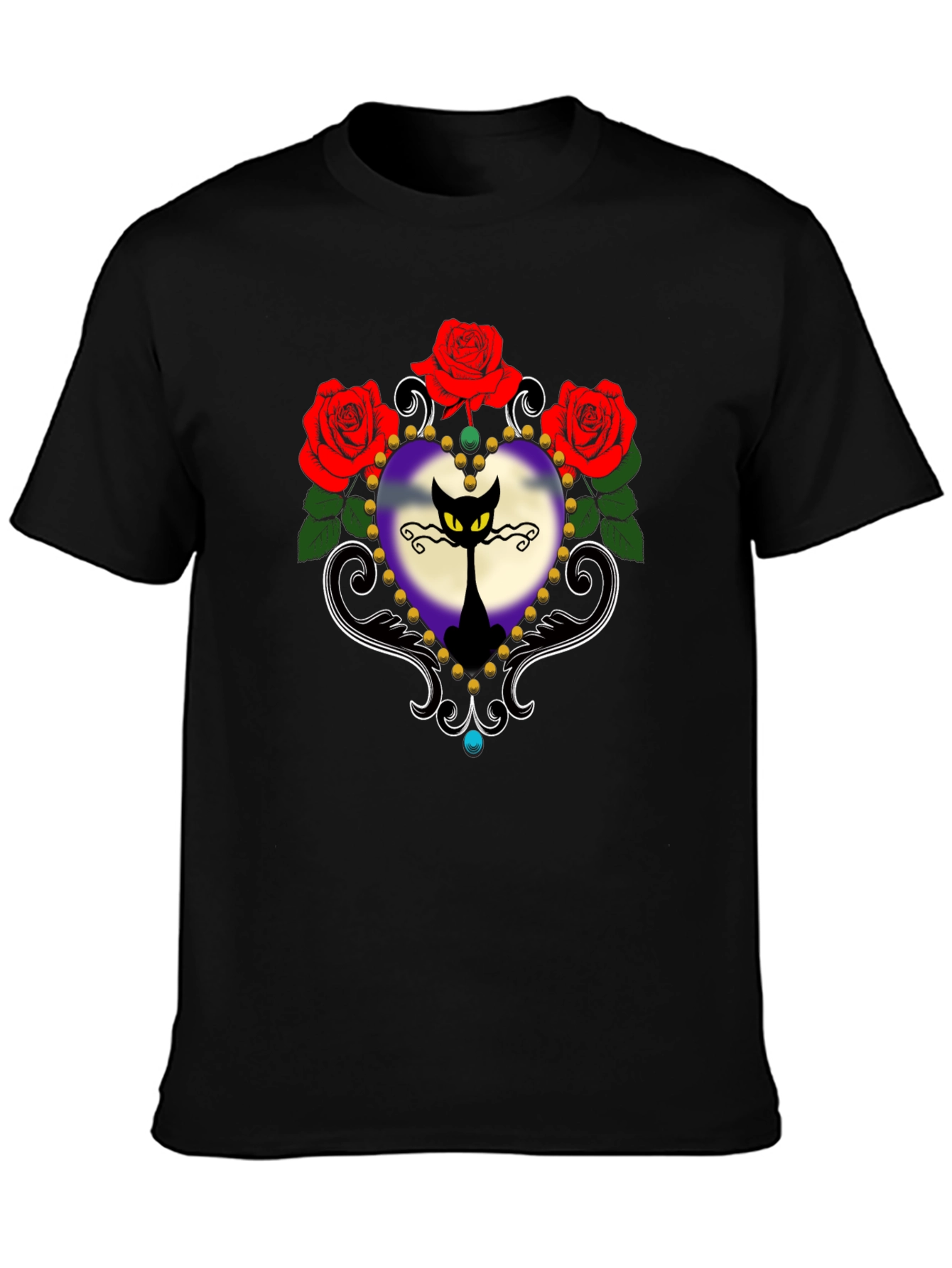 Gothic Cat & Roses Graphic Tee - Black