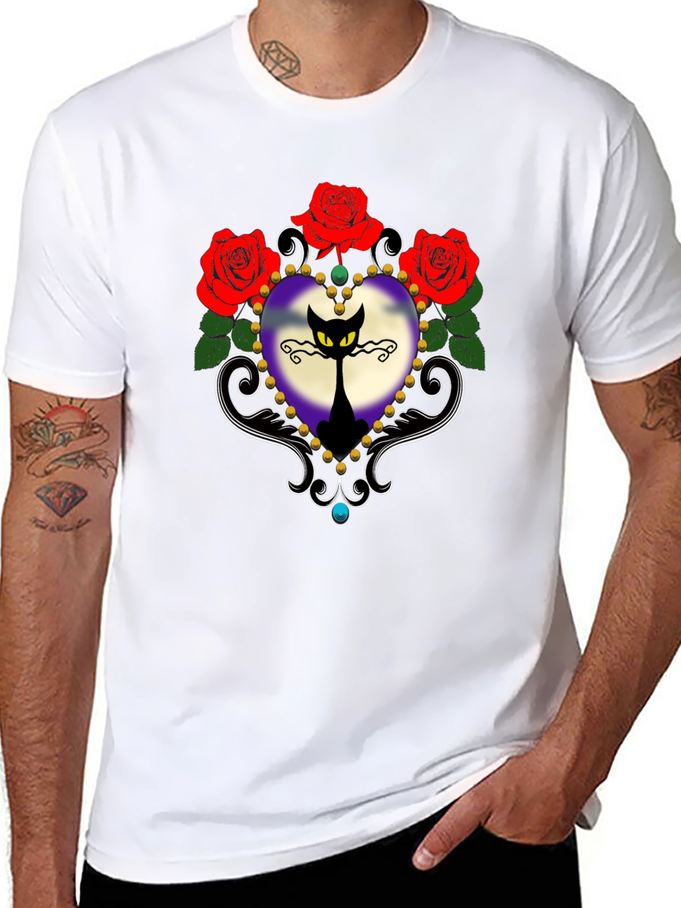 Gothic Cat & Roses Graphic Tee - Black