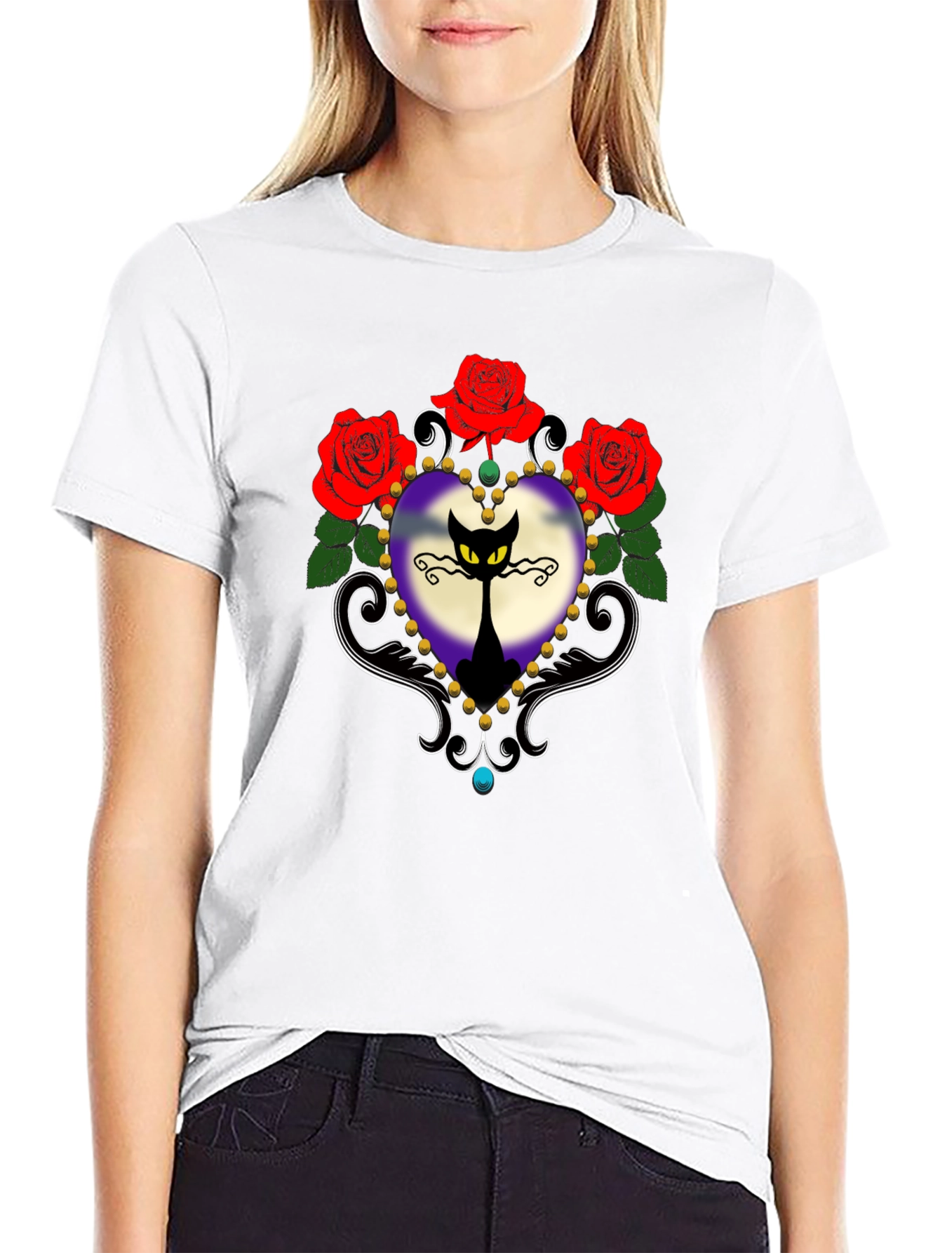 Gothic Cat & Roses Graphic Tee - Black