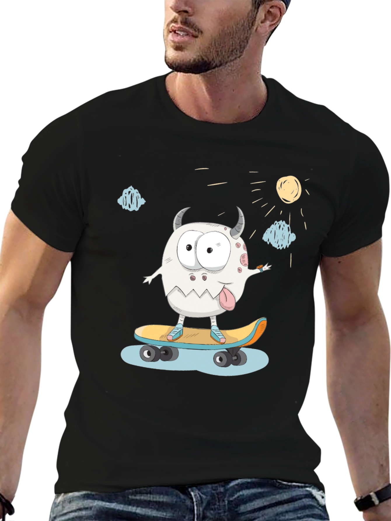 Skateboarding Monster Graphic Tee - Black Cotton T-Shirt