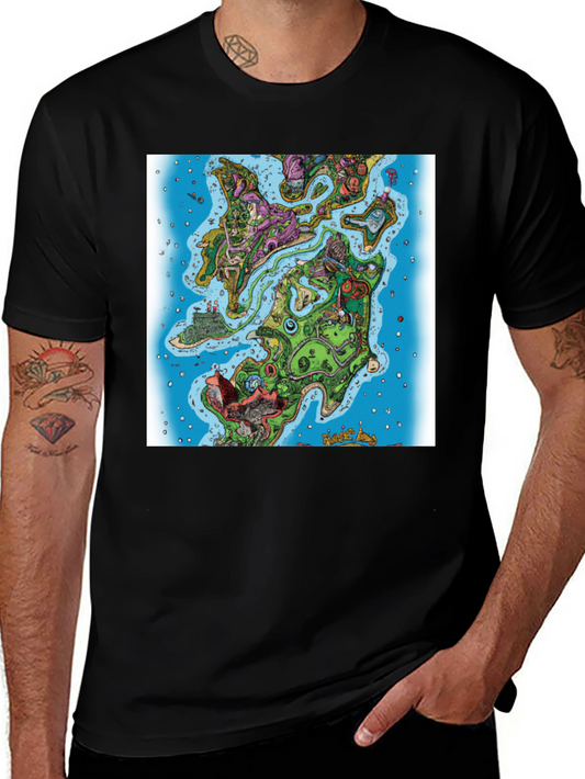Cartoon Map Graphic Print Black T-Shirt