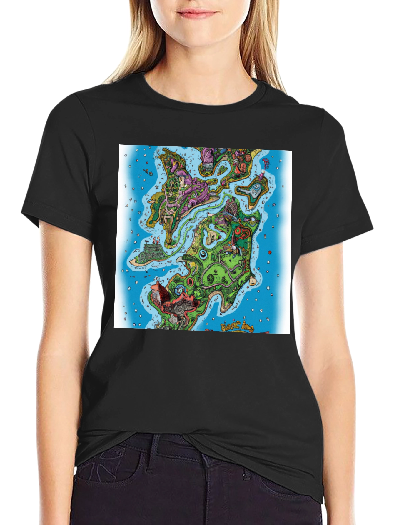 Cartoon Map Graphic Print Black T-Shirt