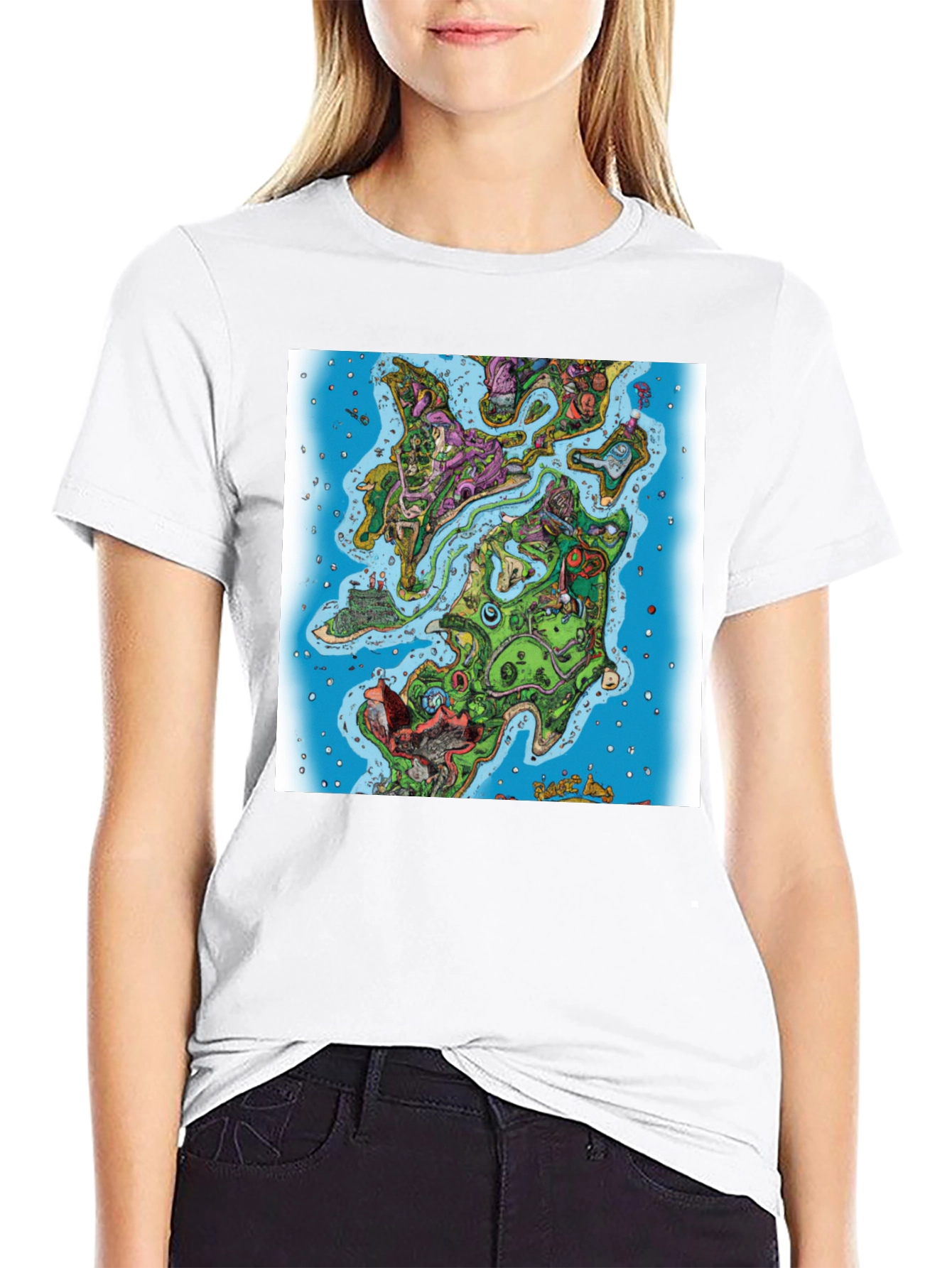 Cartoon Map Graphic Print Black T-Shirt