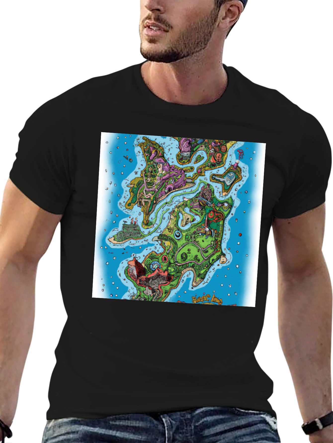 Cartoon Map Graphic Print Black T-Shirt