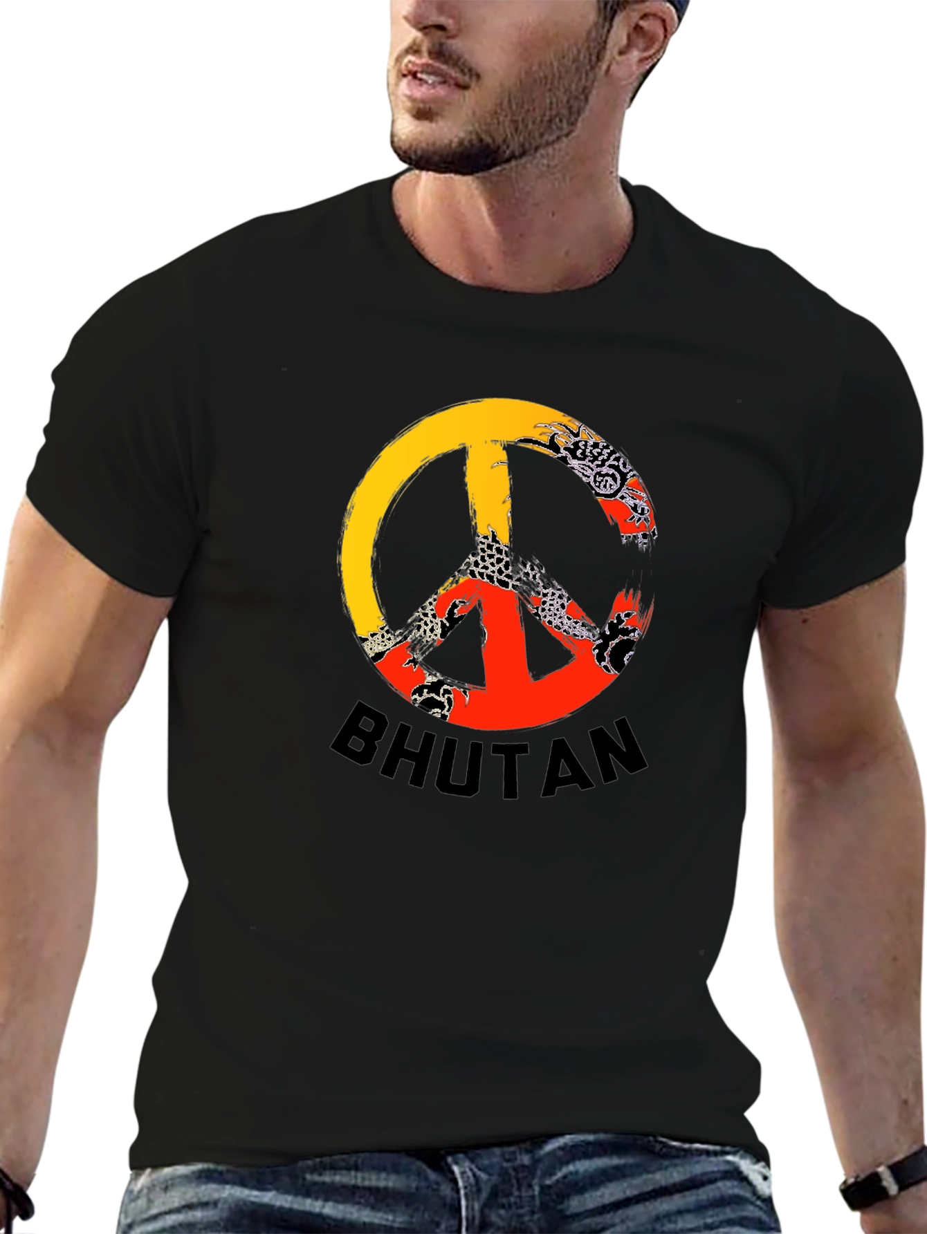Bhutan Flag Peace Sign Graphic T-Shirt