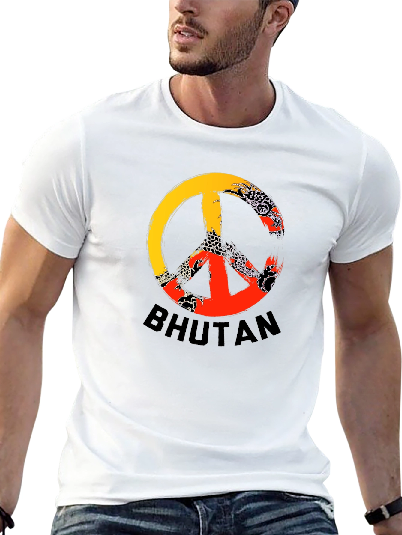 Bhutan Flag Peace Sign Graphic T-Shirt